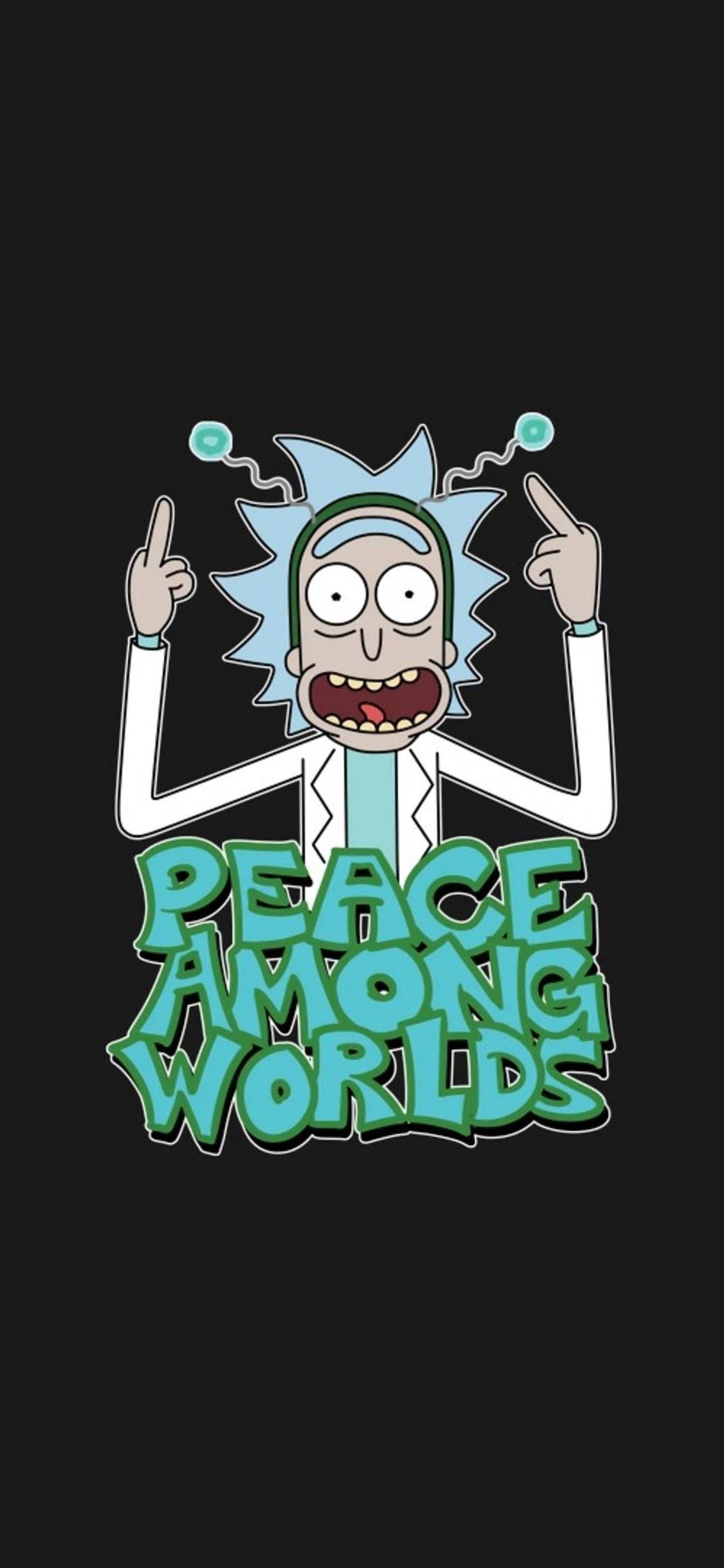 瑞克和莫蒂 桌布 壁紙 — 《Rick and Morty》中的Rick Sanchez在黑色背景上，帶著狂笑向上指，旁邊有發光的綠色文字寫著peace among worlds。
