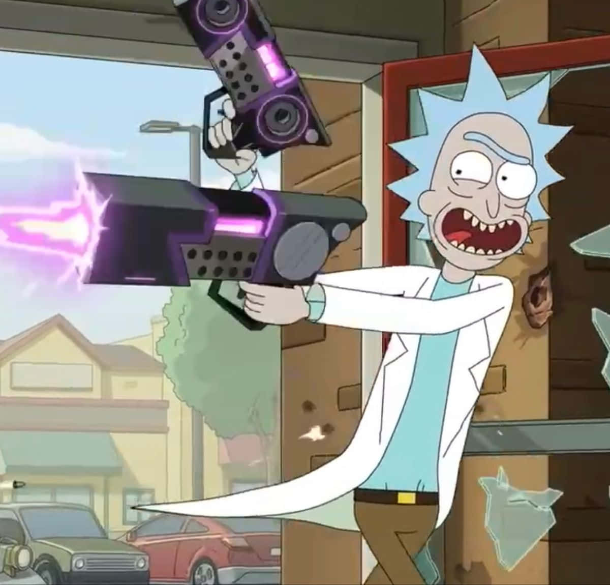 Total Rickall 桌布 壁紙 — 《Rick and Morty》中的瑞克·桑切斯在郊區環境中帶著狂野表情發射紫色雷射武器。
