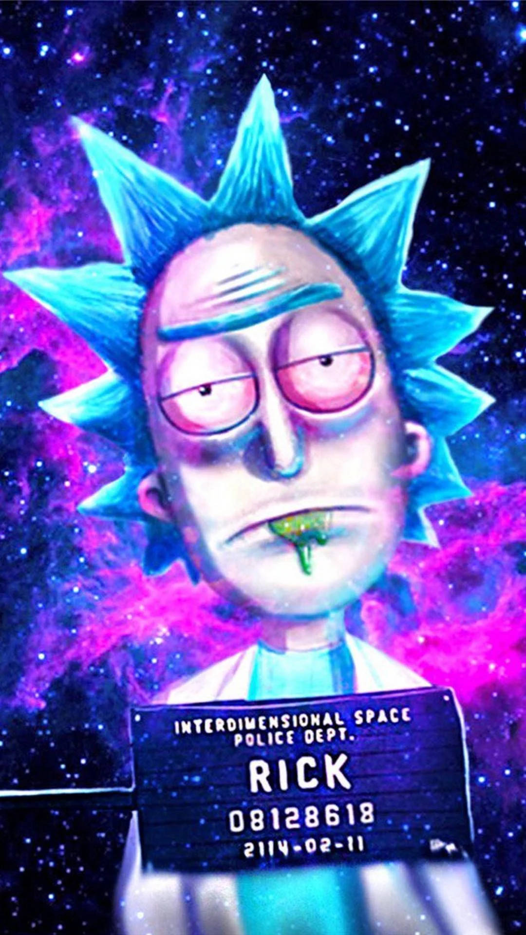 超殺的瑞克和莫蒂 桌布 壁紙 — 《Rick and Morty》中的Rick Sanchez手持一張嫌犯照片，背景是充滿粉紅色和藍色星星的鮮豔宇宙星雲。