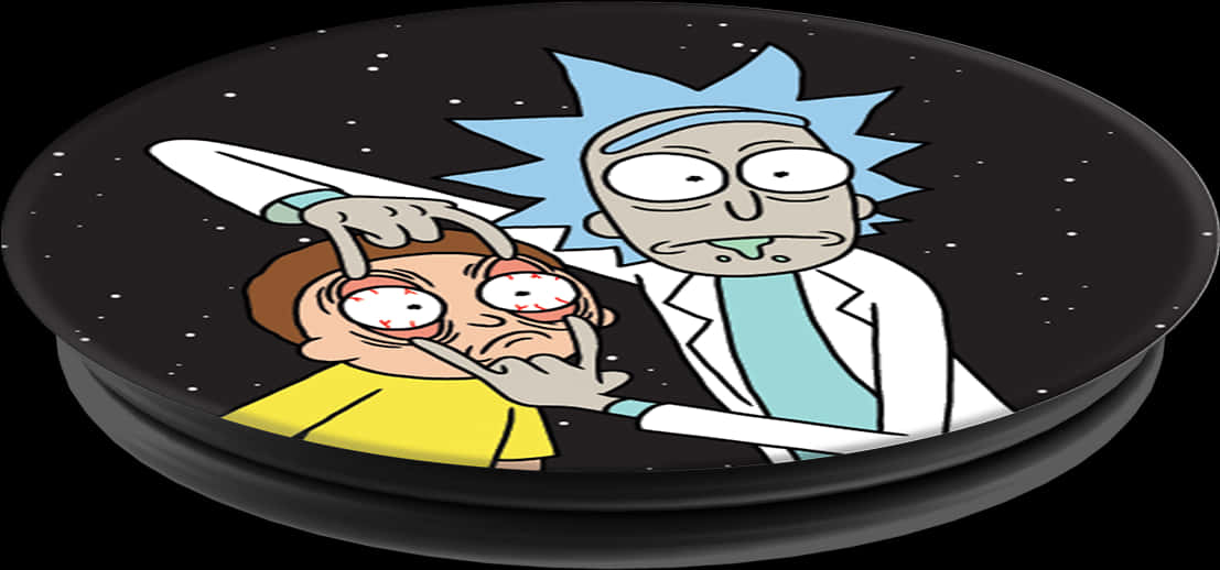Cartoon Characters 桌布 壁紙 — 《Rick and Morty》中的 Rick Sanchez 在星空太空背景下將注射器對準 Morty 的眼睛。