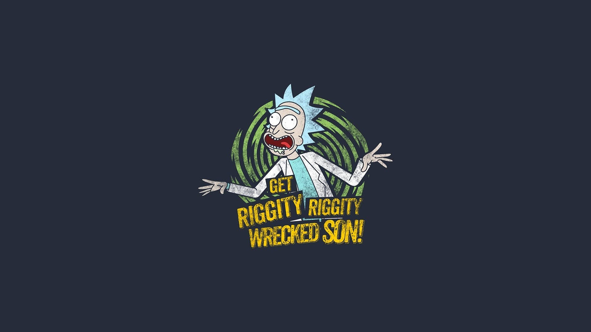 dope iPhone 桌布 壁紙 — 《Rick and Morty》中的Rick Sanchez在深藍色背景上，張開雙臂對著旋轉的綠色漩渦尖叫。