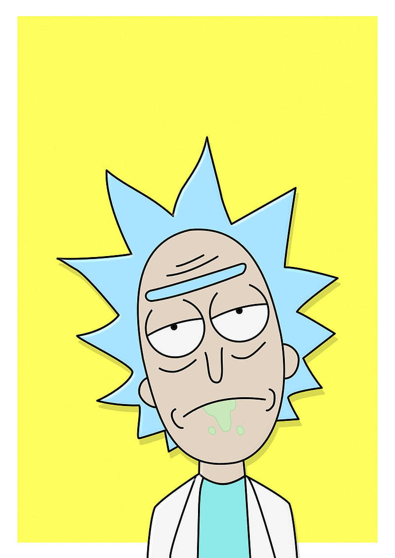 瑞克和莫蒂 桌布 壁紙 — 《Rick and Morty》中的Rick Sanchez，擁有尖刺藍色頭髮和綠色口水，背景為亮黃色。