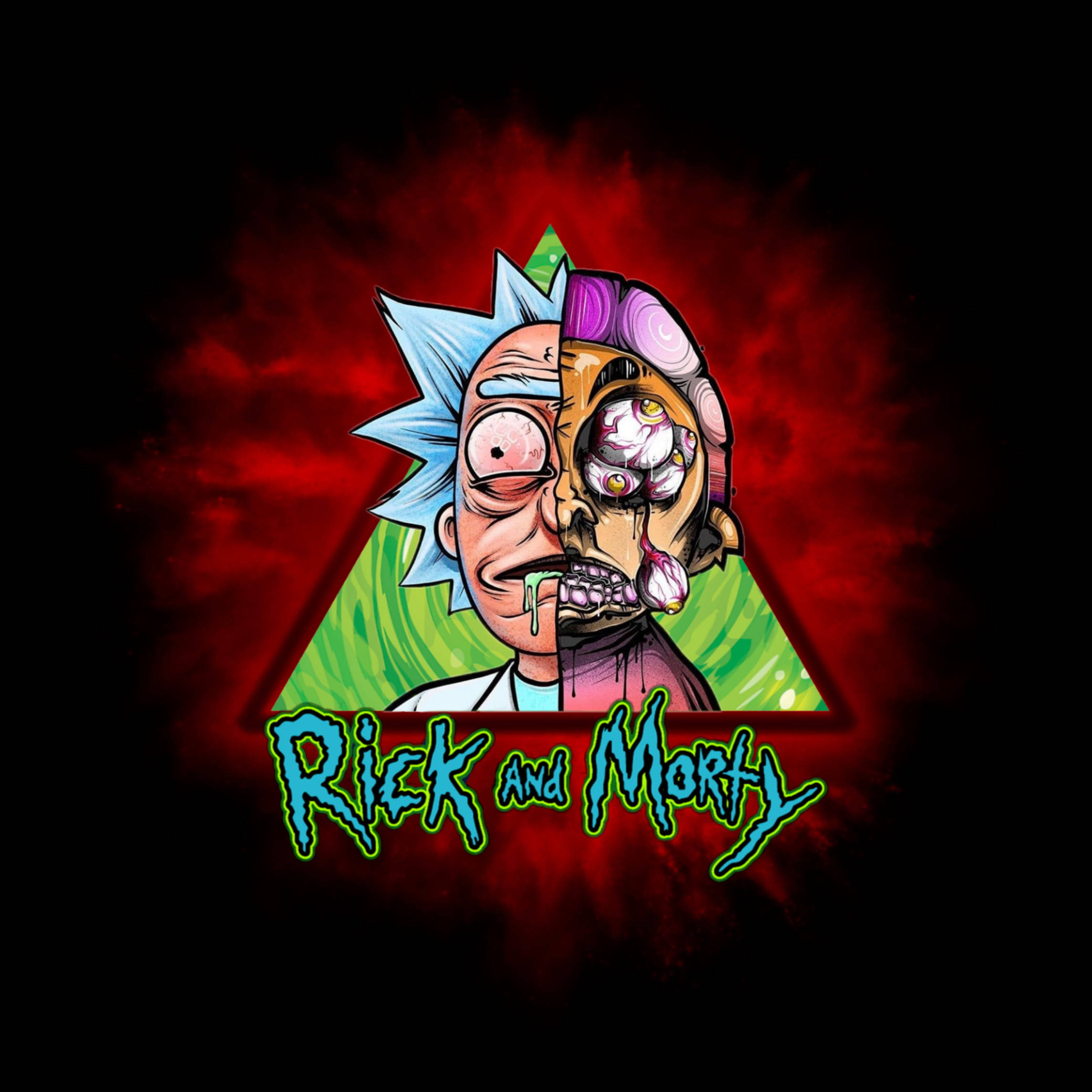 rick 桌布 壁紙 — Rick and Morty 分裂的臉在發光三角形中，背景是火紅色的，帶有霓虹綠色標題。
