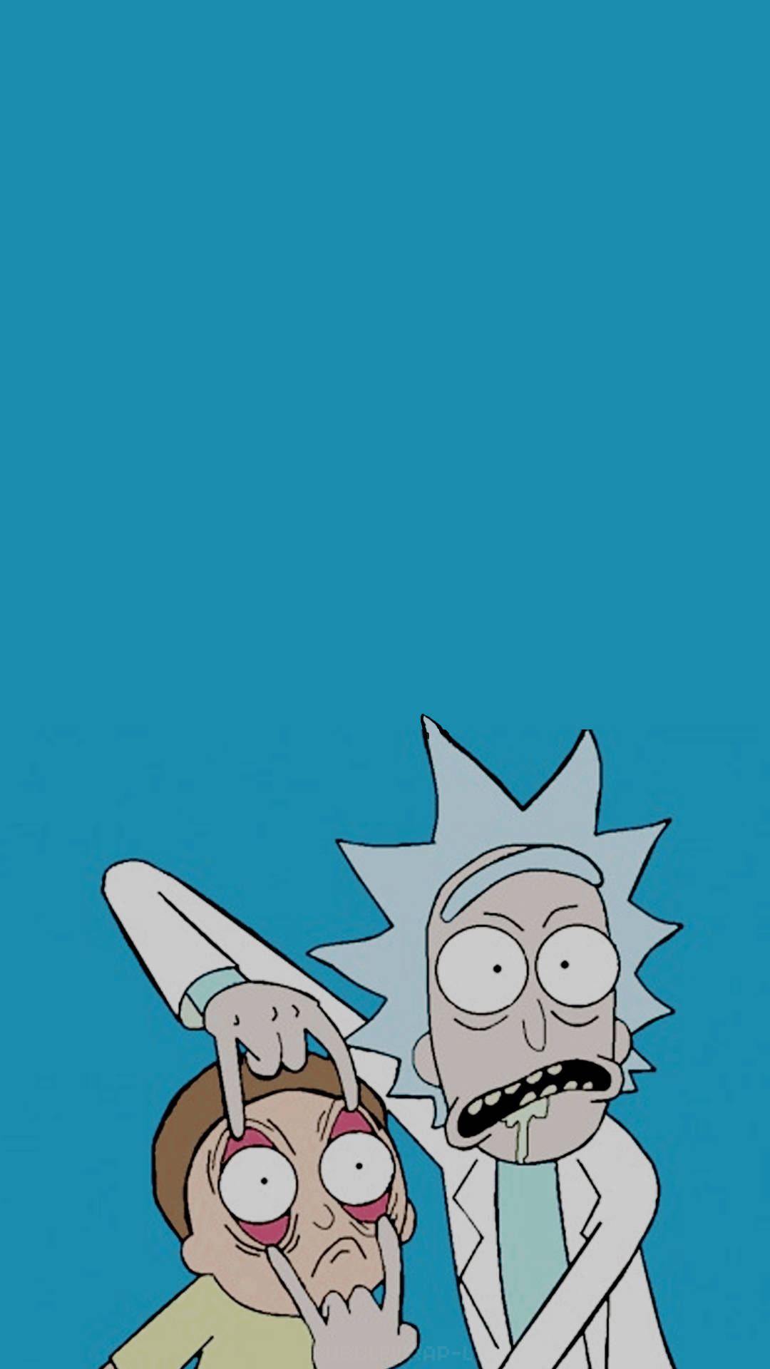 rick 桌布 壁紙 — Rick and Morty 卡通角色在純青色背景上，Rick 指著 Morty 的臉。