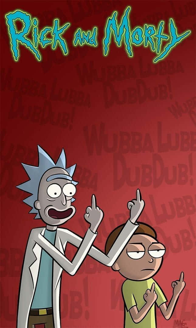 Total Rickall 桌布 壁紙 — Rick and Morty 卡通角色在重複的 wubba lubba dub dub 文字紅色背景上向上指。