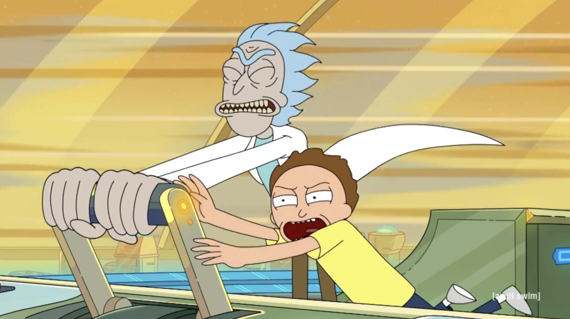 瑞克和莫蒂 桌布 壁紙 — Rick and Morty 在太空船駕駛艙中，背景為金色條紋。
