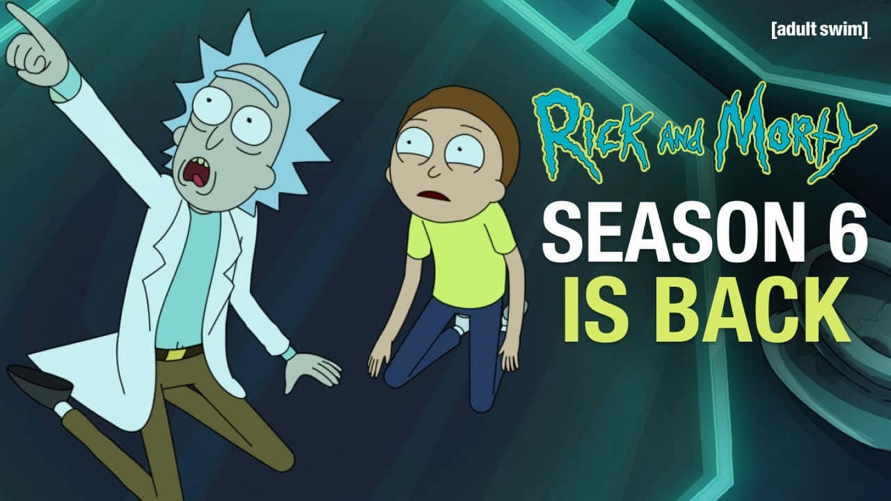 瑞克和莫蒂 桌布 壁紙 — Rick and Morty 在科幻實驗室中，帶有發光的青綠色面板和粗體文字，宣佈第6季回歸。