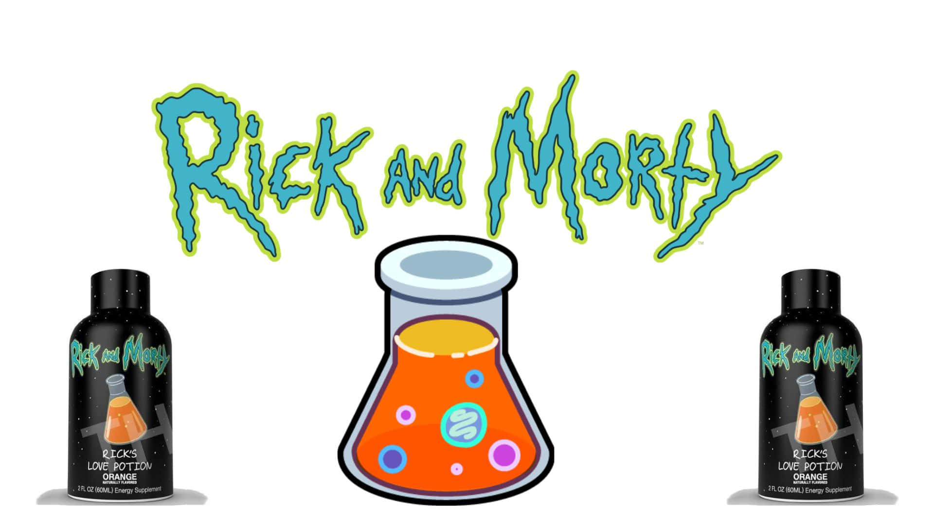 Love Potion 桌布 壁紙 — Rick and Morty 標誌，配有卡通燒杯和兩瓶瑞克愛情藥水橙色，背景為白色。