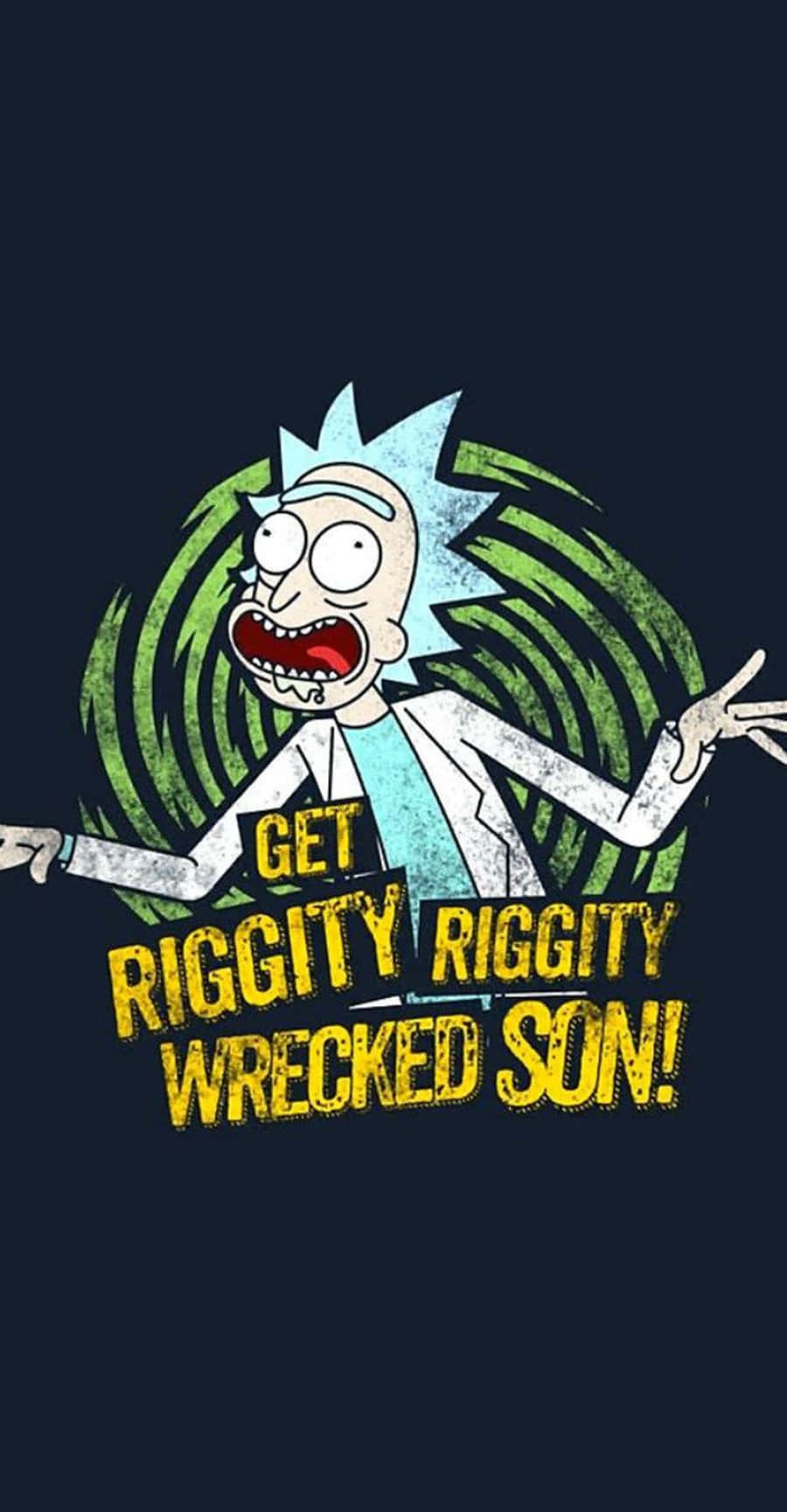 瑞克和莫蒂 桌布 壁紙 — Rick and Morty 的 Rick Sanchez 在綠色旋轉漩渦背景下張開雙臂尖叫。