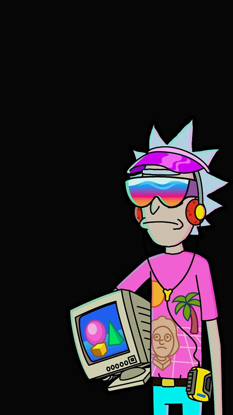 瑞克和莫蒂 桌布 壁紙 — Rick and Morty 的 Rick Sanchez 手持一部復古電腦，螢幕上顯示幾何圖形，背景為黑色。