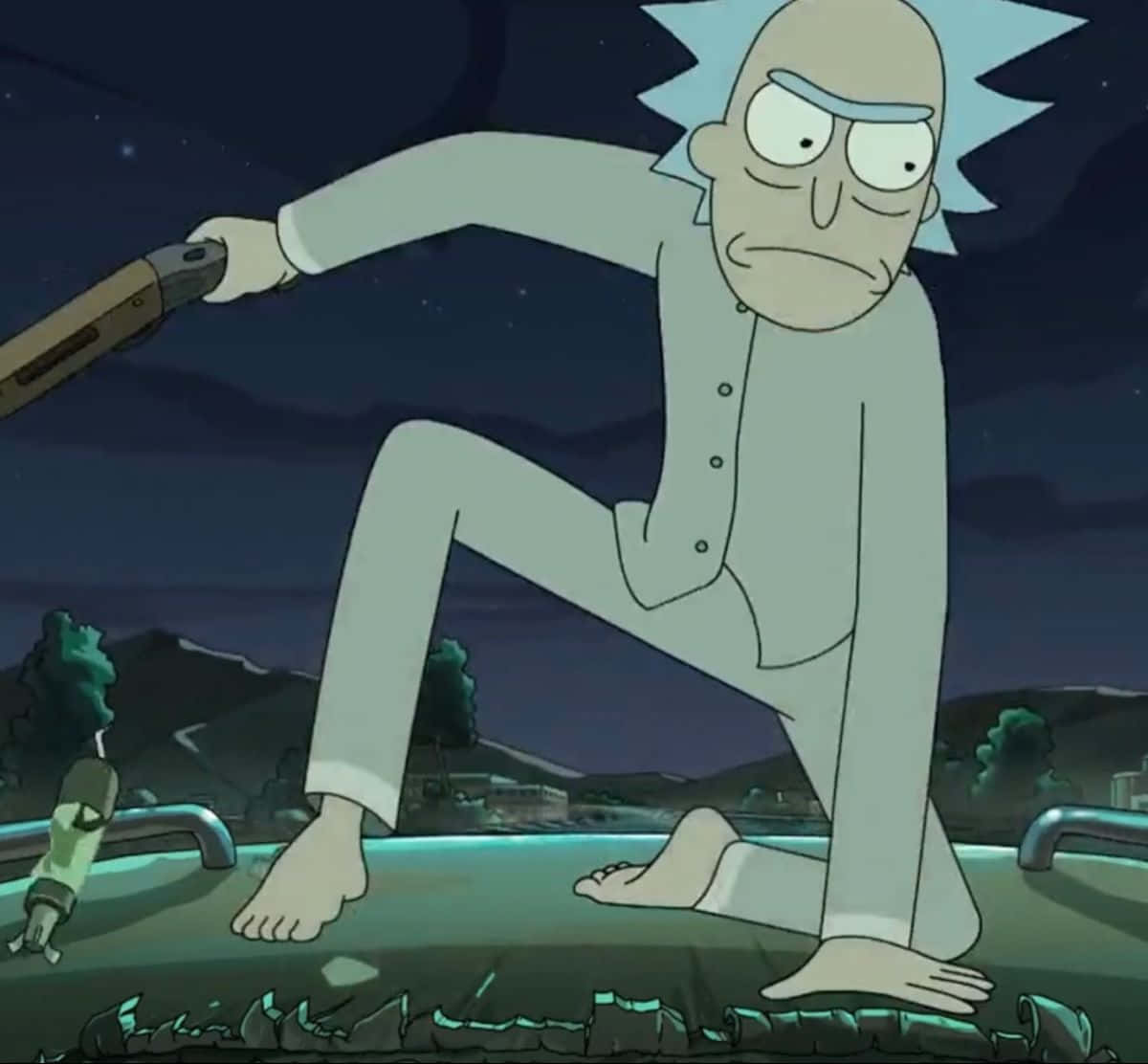 Total Rickall 桌布 壁紙 — Rick and Morty 的 Rick Sanchez 在夜晚蹲在一座斷橋上，手持霰彈槍，身後是星空。