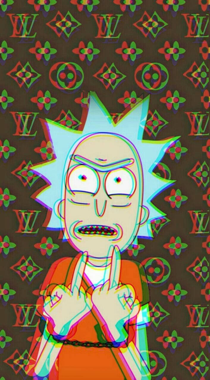 《Rick and Morty》的Rick Sanchez對著一個有故障效果的Louis Vuitton圖案背景做出挑釁手勢。 — 路易威登 GIF 壁紙