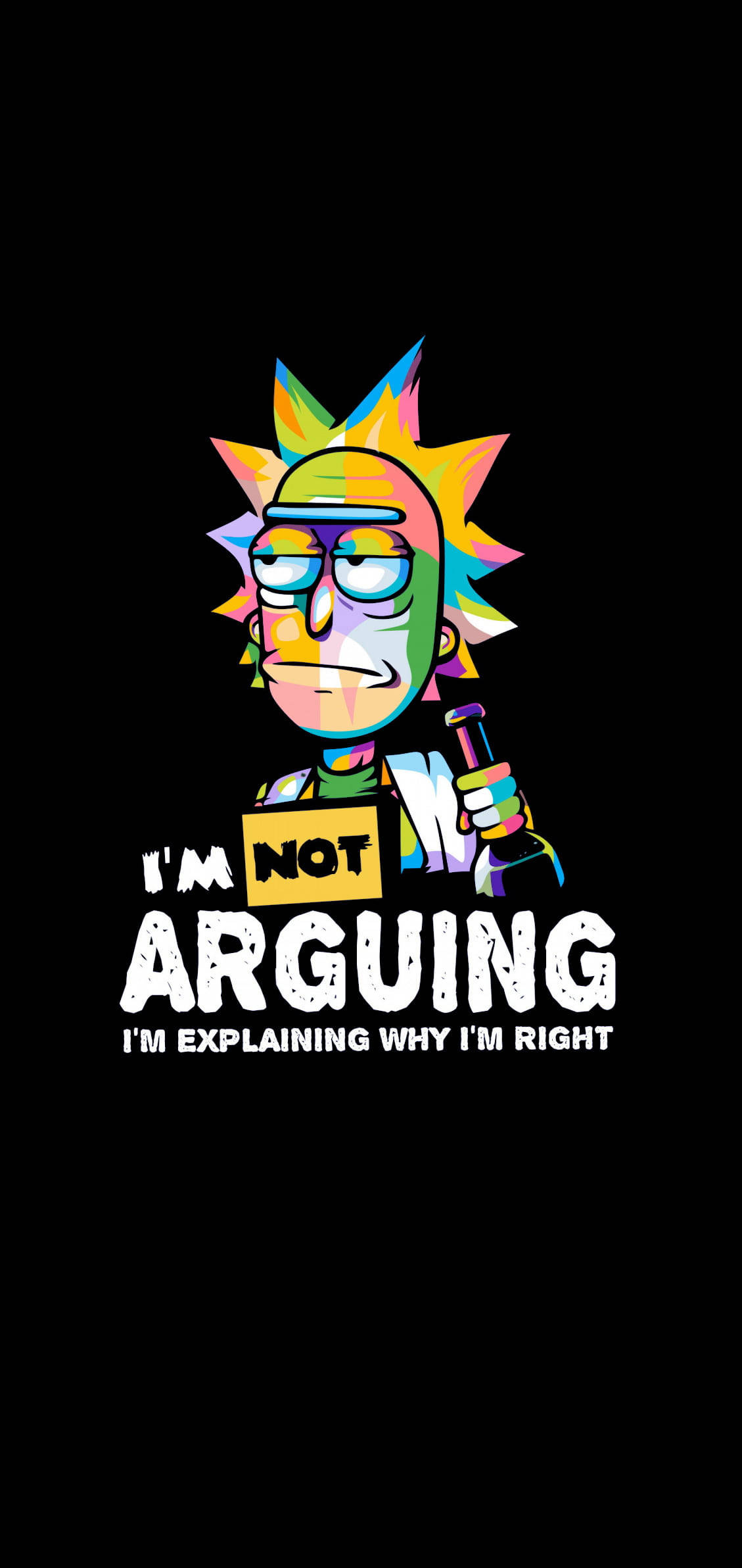 瑞克和莫蒂 桌布 壁紙 — 《Rick and Morty》的Rick Sanchez拿著一個有彩虹尖刺髮型的瓶子，背景是黑色，有粗體文字。