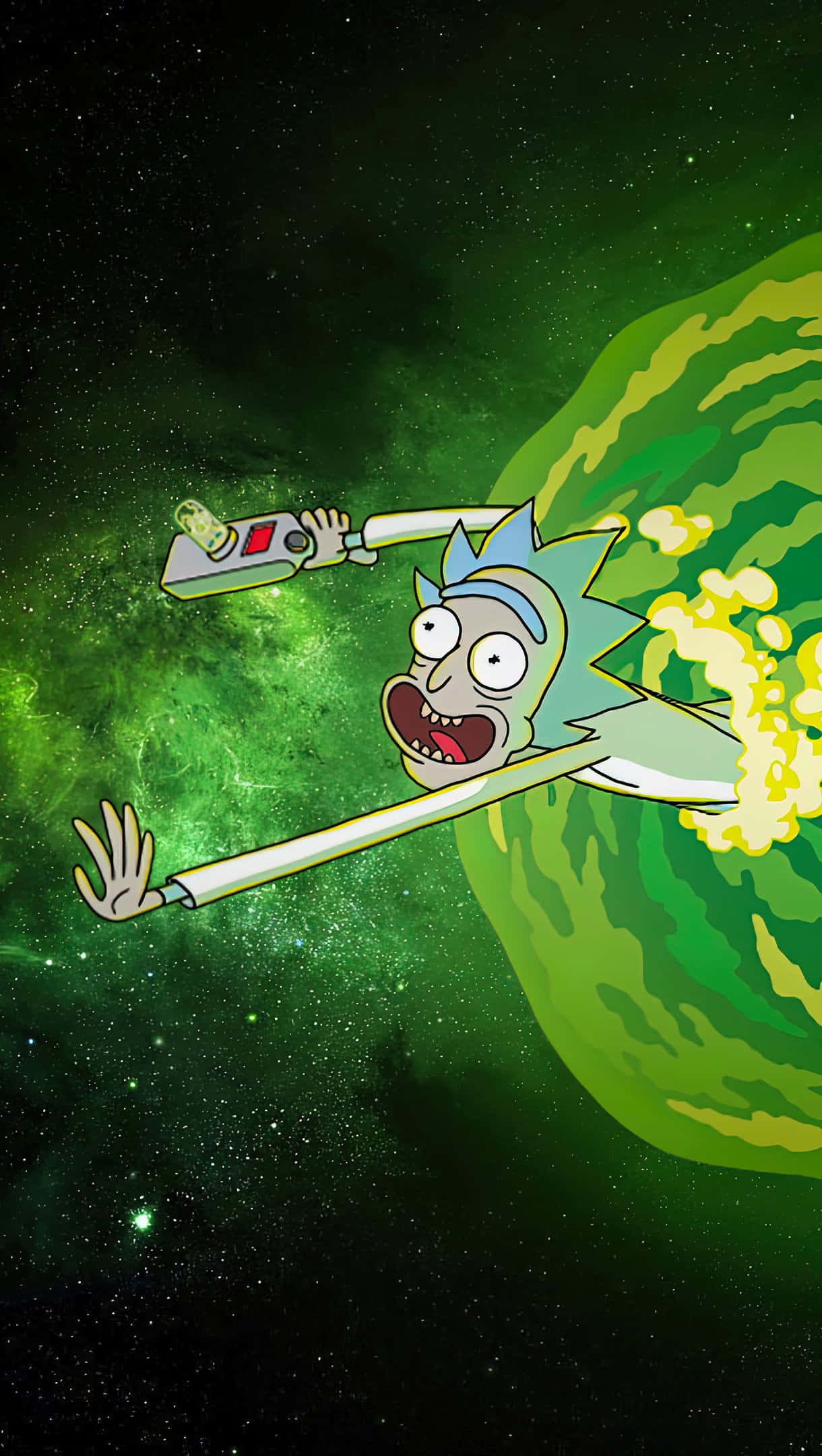 Rick And Morty Portal 桌布 壁紙 — Rick and Morty 的 Rick Sanchez 乘坐太空船穿過綠色星雲，留下熾熱的尾氣痕跡。