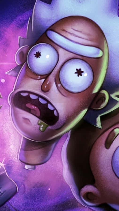 瑞克和莫蒂 桌布 壁紙 — 《Rick and Morty》的Rick Sanchez瞪大雙眼，瞳孔中有星星，背景是充滿活力的紫色宇宙。