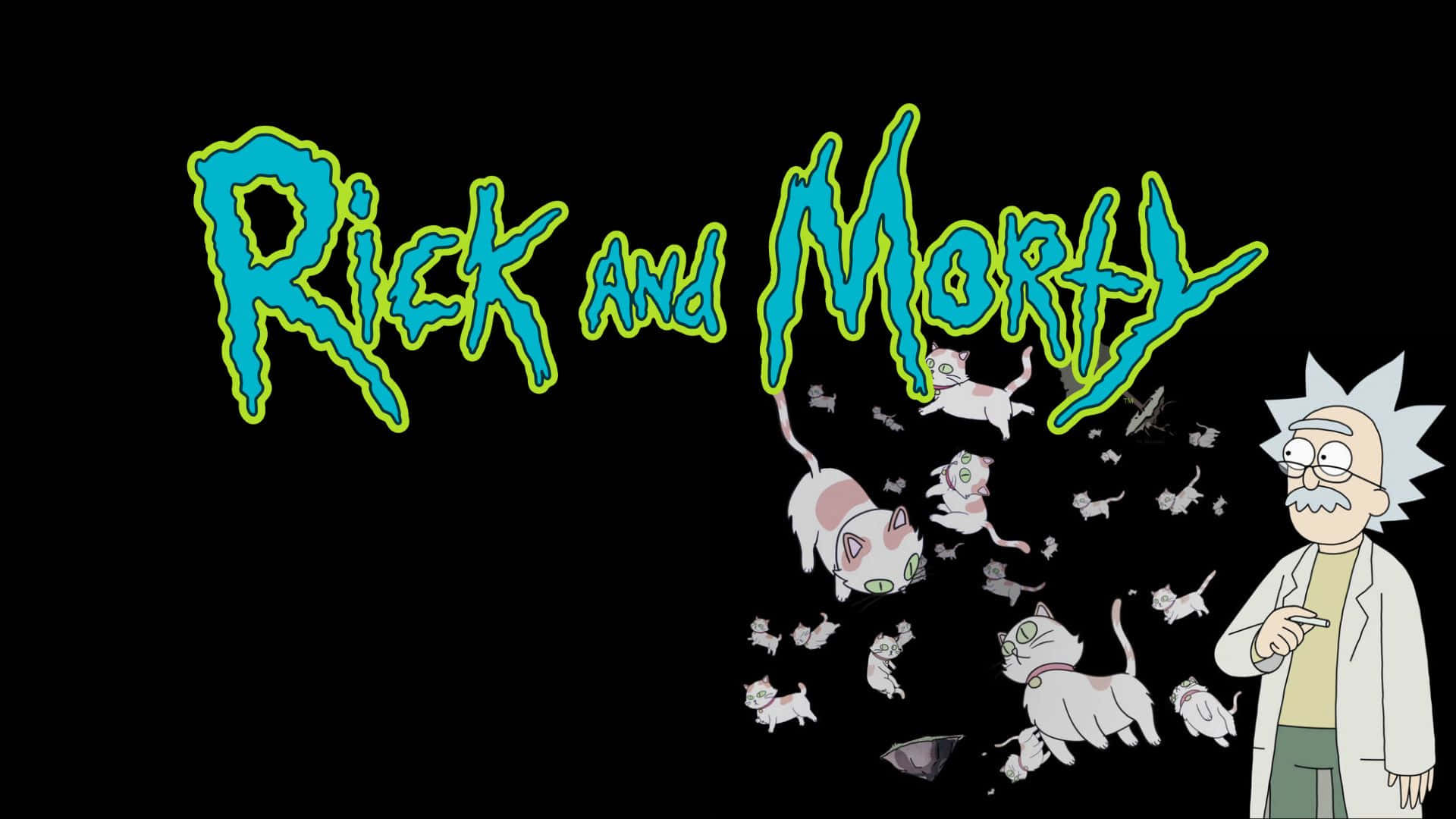 Schrodinger's Cat 桌布 壁紙 — 《Rick and Morty》的Rick Sanchez站在一群貓旁邊，背景是黑色，上方是節目發光的標題標誌。
