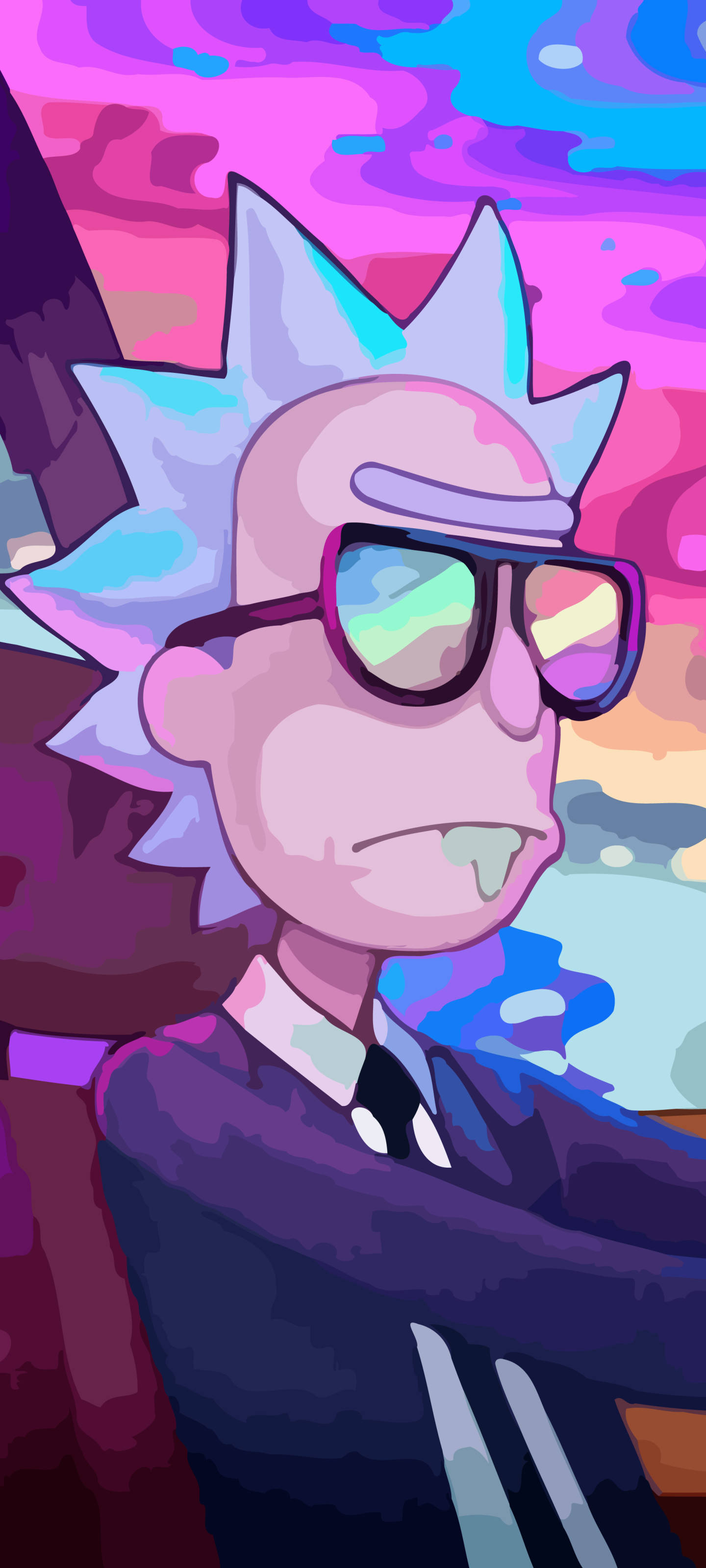 瑞克和莫蒂 桌布 壁紙 — 《Rick and Morty》的Rick Sanchez戴著太陽眼鏡和西裝，背景是充滿活力的紫粉紅色天空。