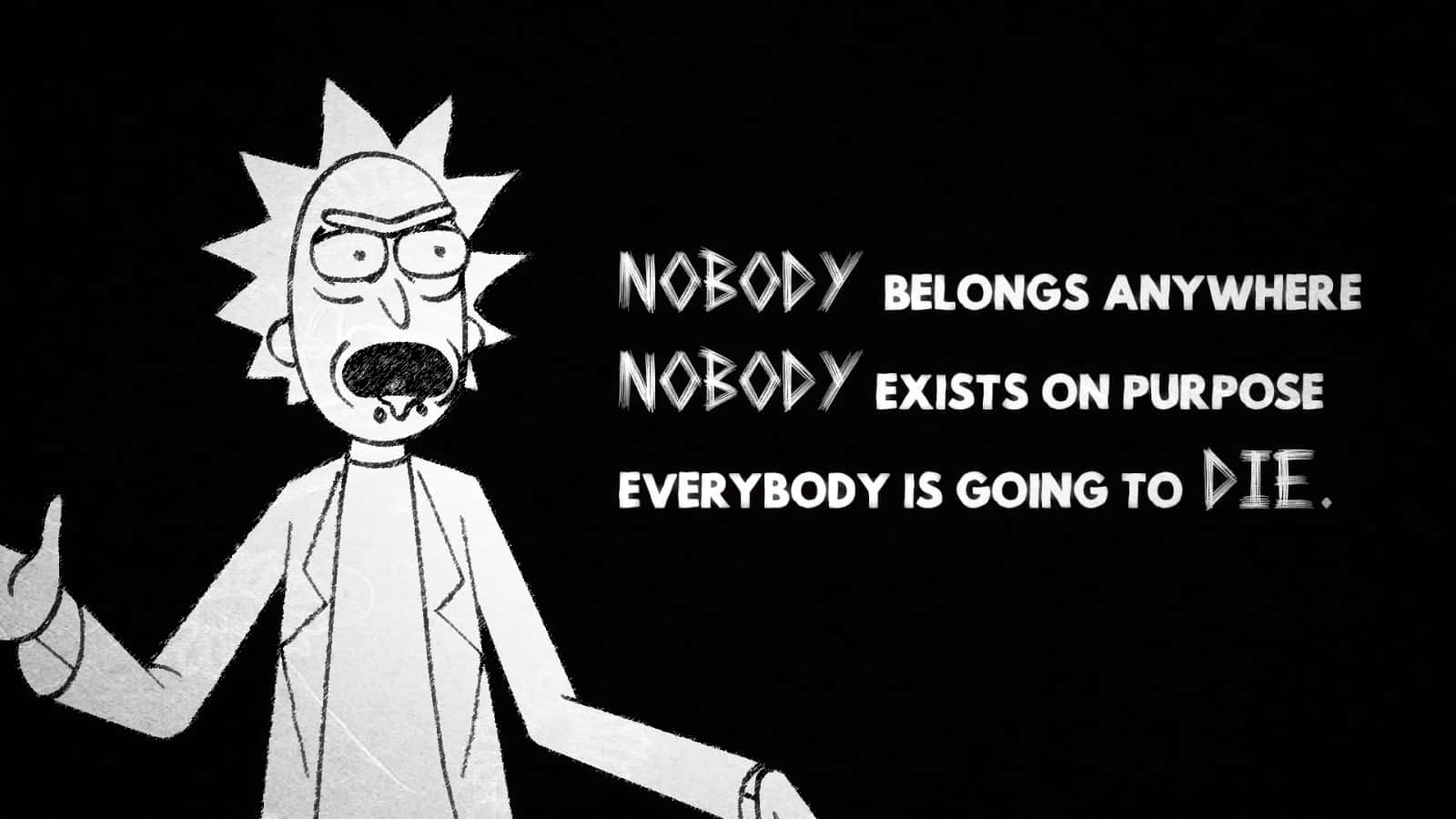 瑞克和莫蒂 桌布 壁紙 — 《Rick and Morty》的Rick Sanchez在樸素黑色背景前，以素描風格白色線條藝術發表虛無主義獨白。