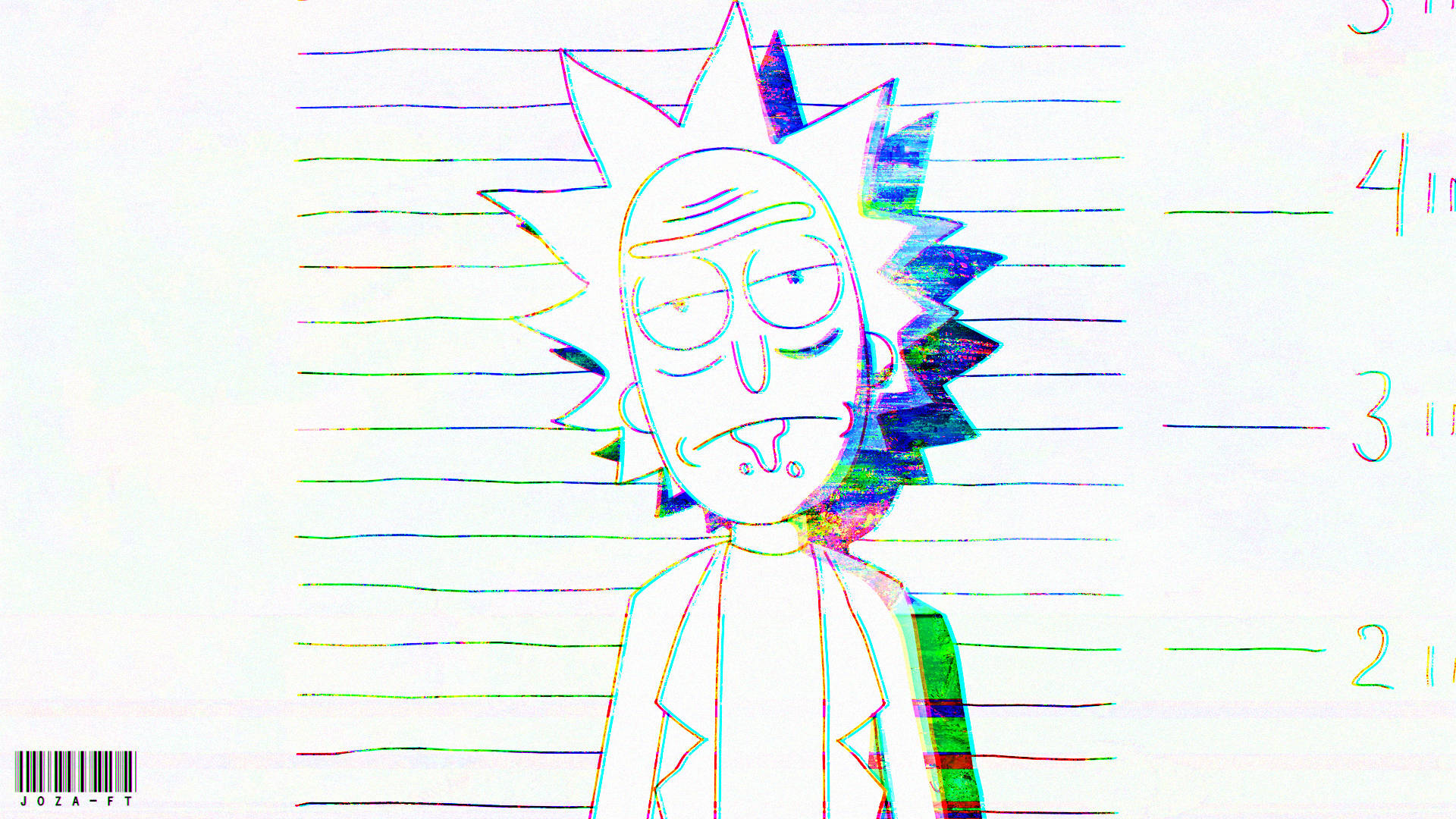 超殺的瑞克和莫蒂 桌布 壁紙 — 《Rick and Morty》的Rick Sanchez在有線背景前的故障風格大頭照，帶有彩虹色差效果。
