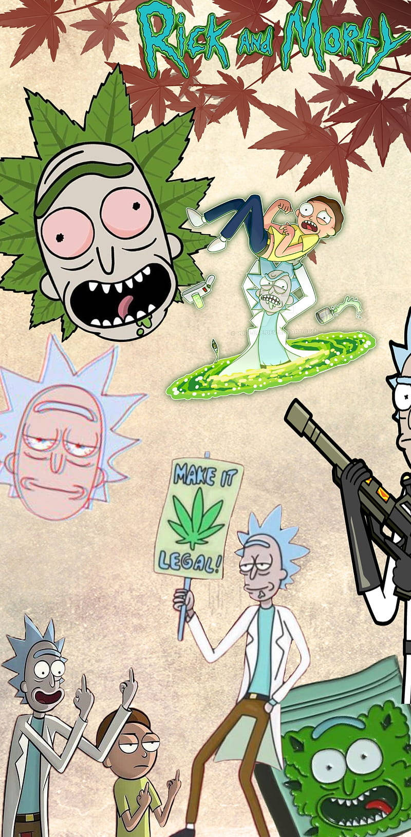 瑞克和莫蒂 桌布 壁紙 — Rick and Morty 角色以混亂的動漫風格呈現，帶有大麻葉和抗議標語，背景為米色。