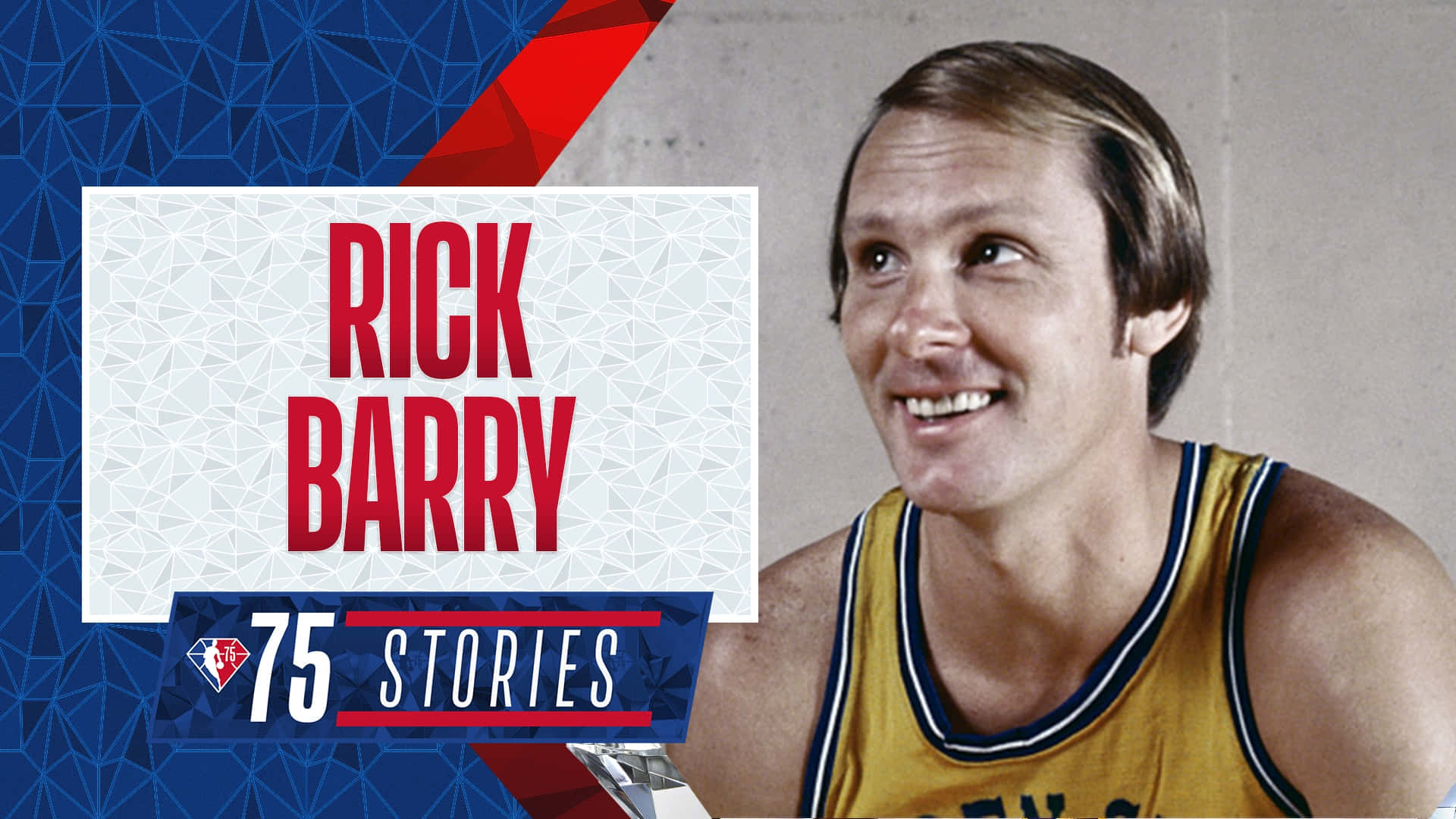 Rick Barry 身穿黃色球衣微笑，帶有圖形背景和文字疊加。 — NBA 壁紙
