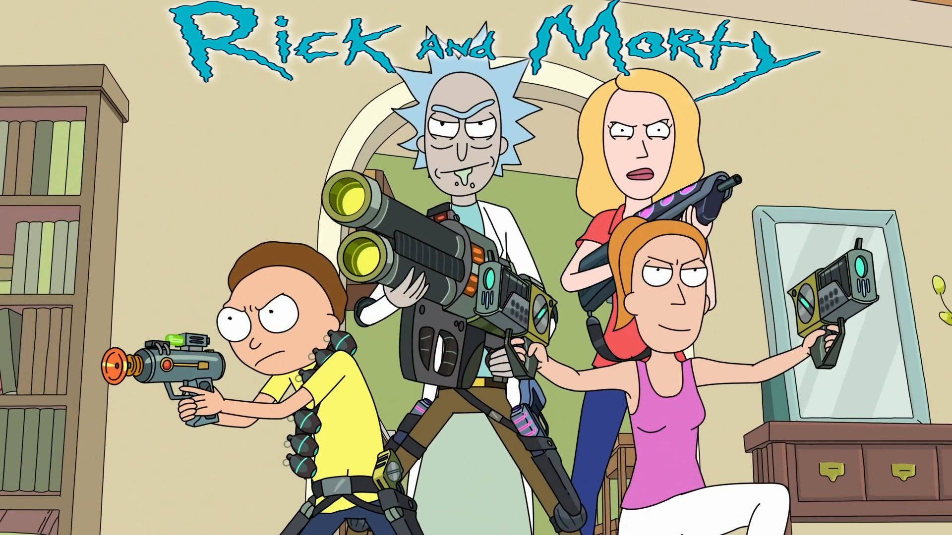 rick 桌布 壁紙 — Rick Morty Summer Squanchy 和朋友們在雜亂的客廳裡用書架和鏡子瞄準科幻武器。