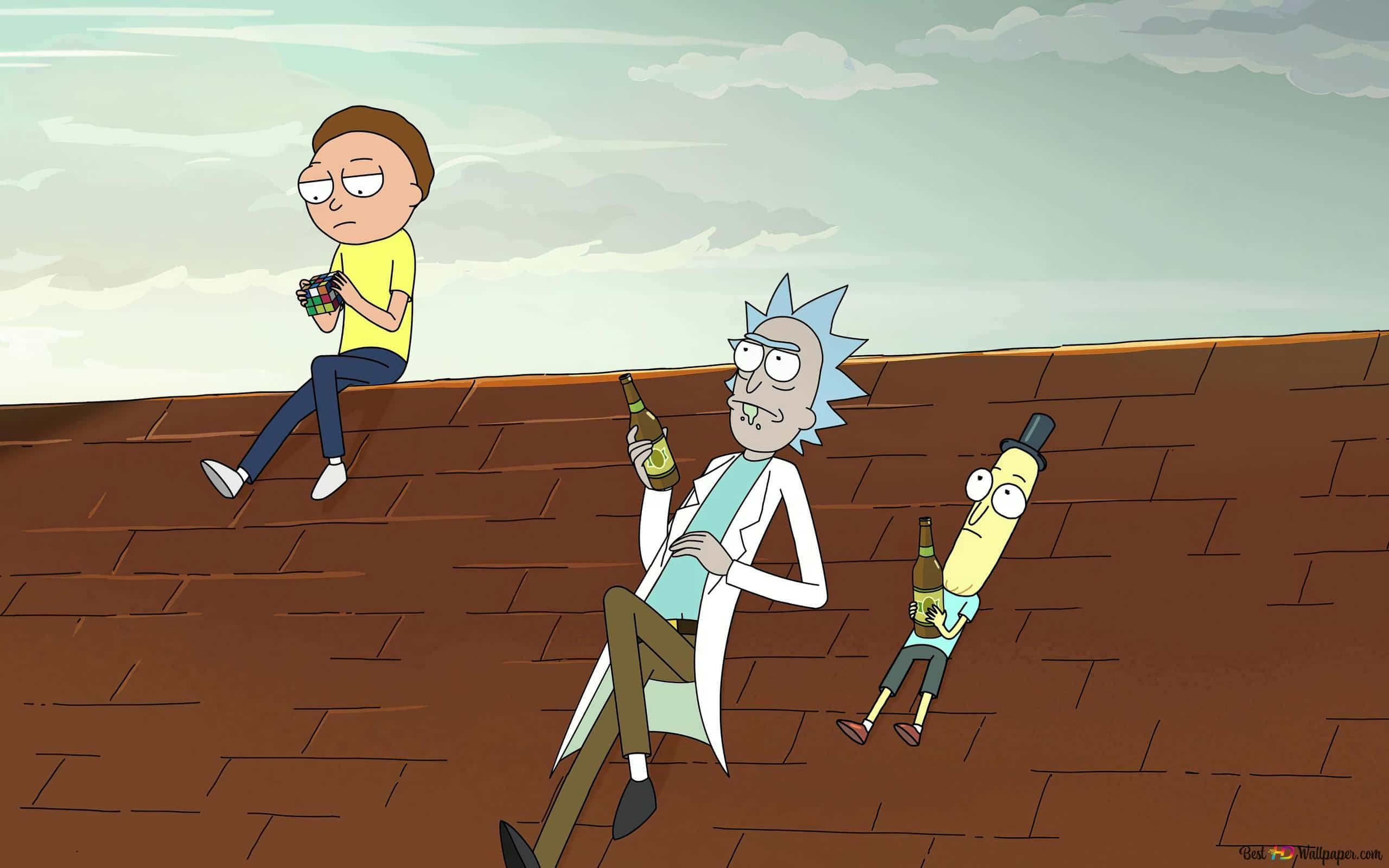 瑞克和莫蒂 桌布 壁紙 — Rick Morty 和兩個同伴在屋頂上喝啤酒，天空多雲。