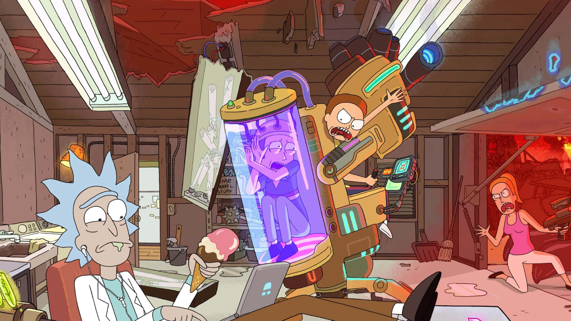 Jerry Smith 桌布 壁紙 — Rick Sanchez 冷靜地吃冰淇淋，而 Morty 被綁在一個發光的紫色科幻裝置上，在一個混亂雜亂的實驗室裡。