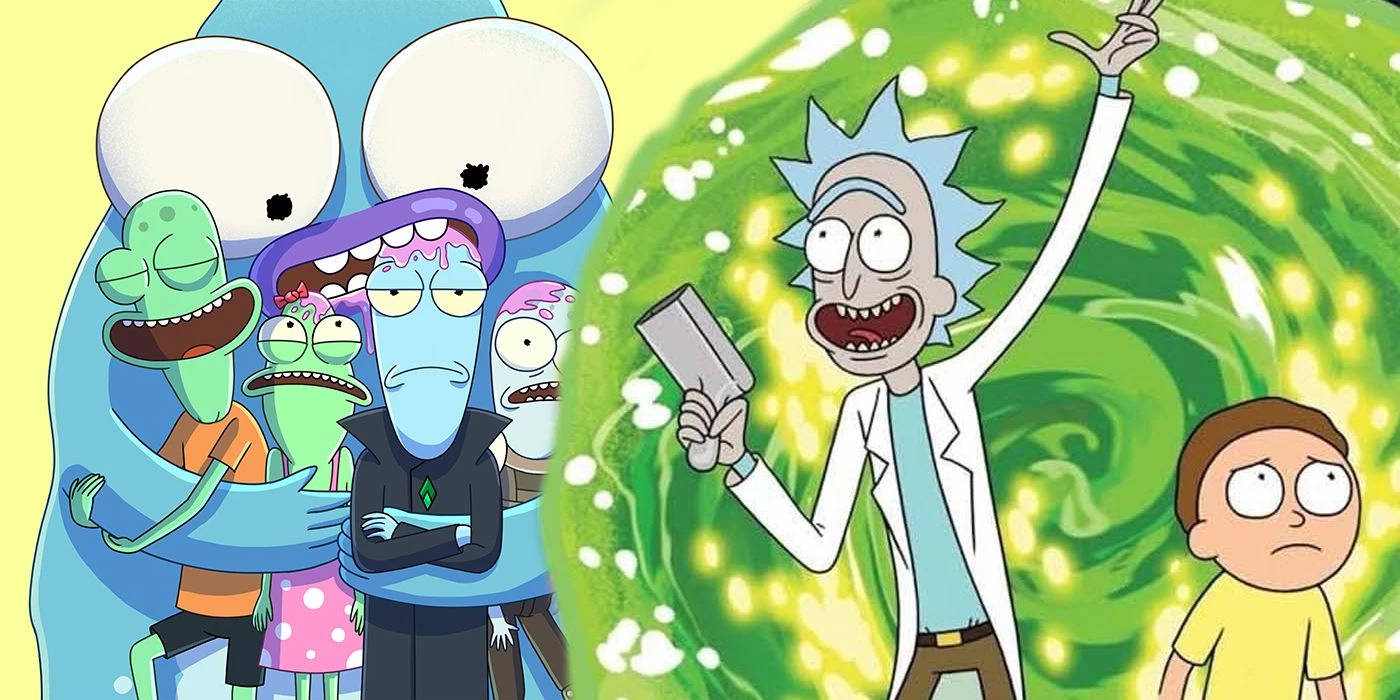 瑞克和莫蒂 桌布 壁紙 — Rick Sanchez 勝利地拿著傳送槍，而他困惑的船員們在旋轉的綠色漩渦後觀看。