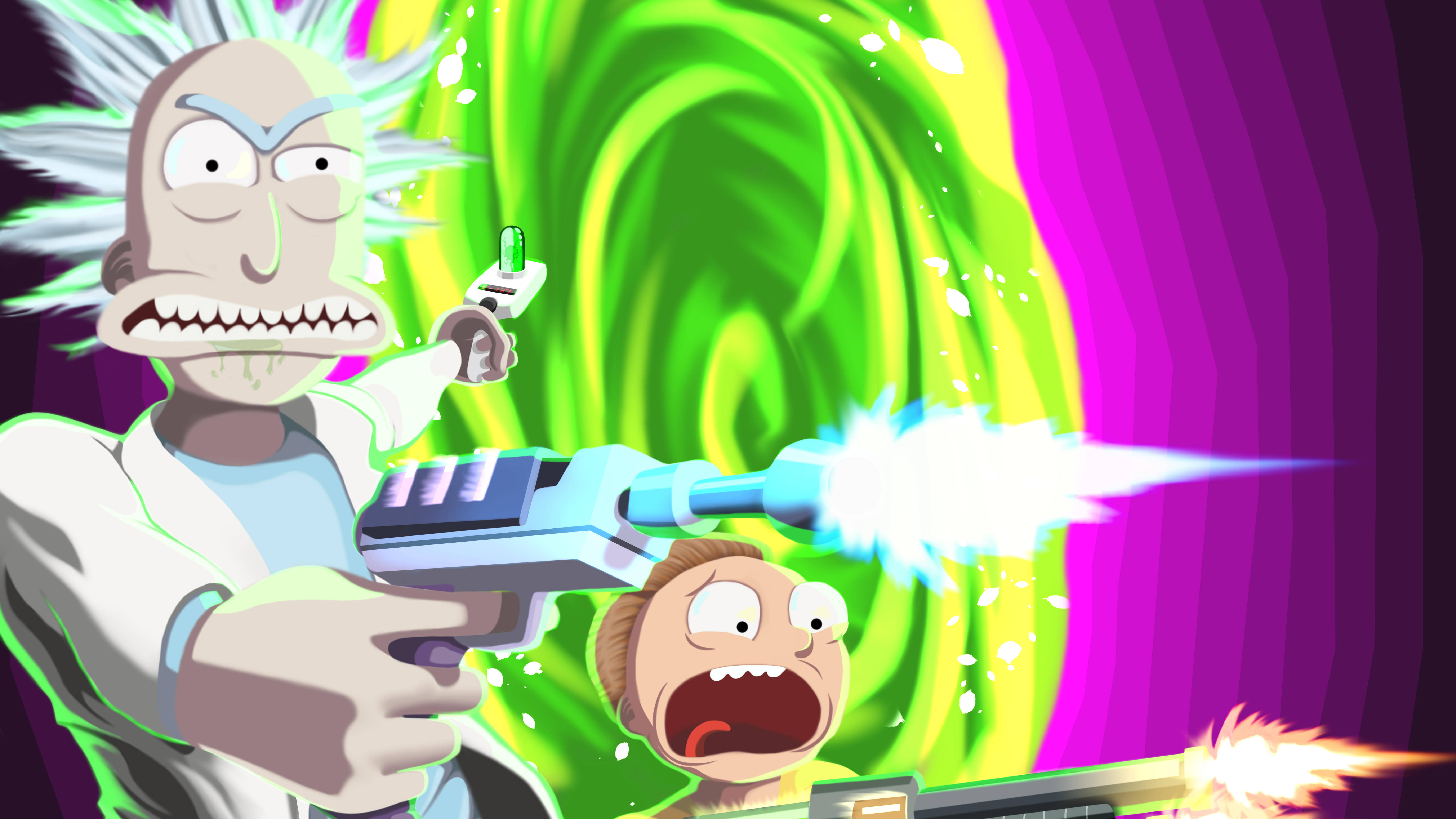 瑞克和莫蒂 桌布 壁紙 — Rick Sanchez 向 Morty Smith 發射發光武器，他們站在旋轉的綠色和紫色傳送門前。