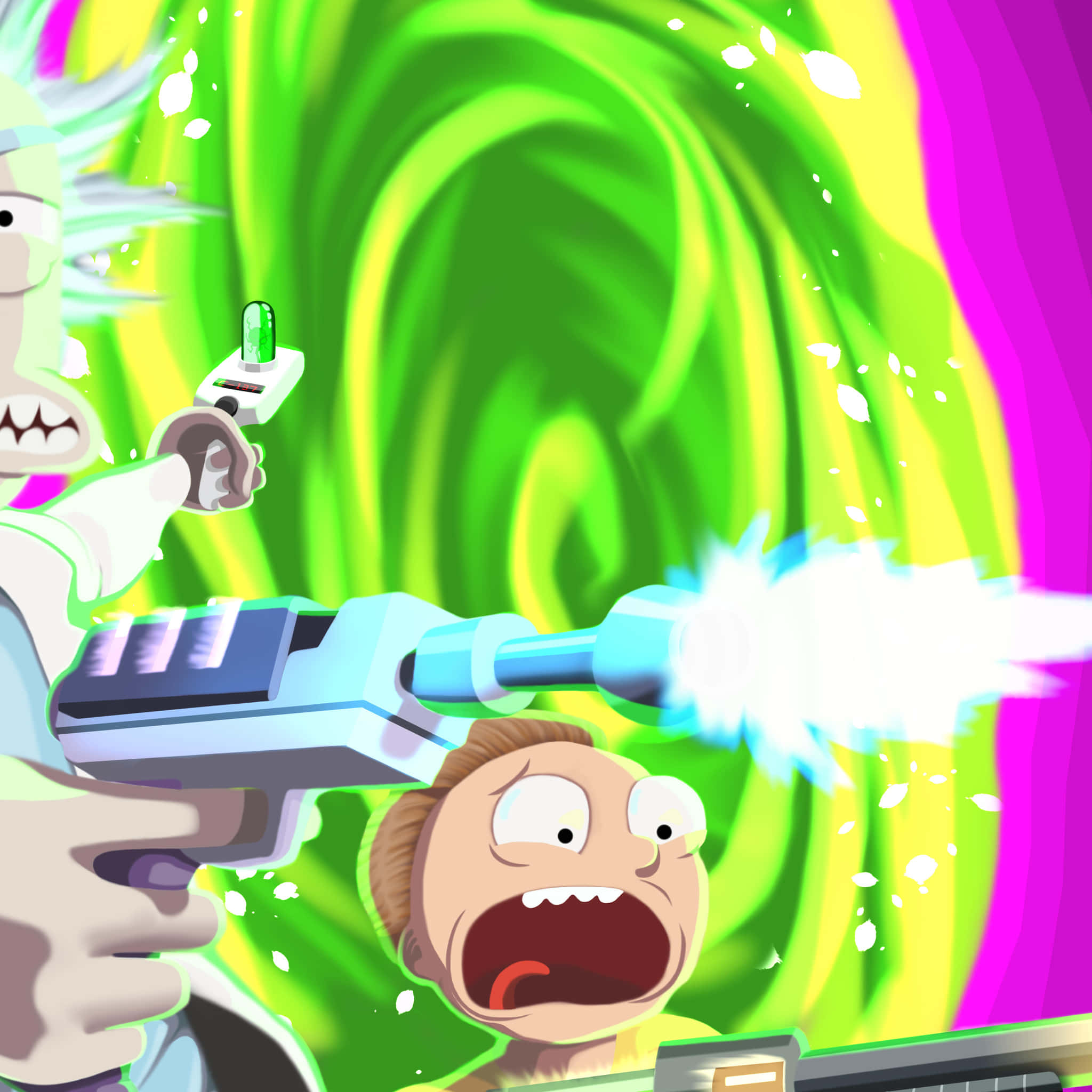 Rick And Morty Portal 桌布 壁紙 — Rick Sanchez 向 Morty Smith 發射發光武器，他們被旋轉的綠色和粉紅色傳送門吞噬。