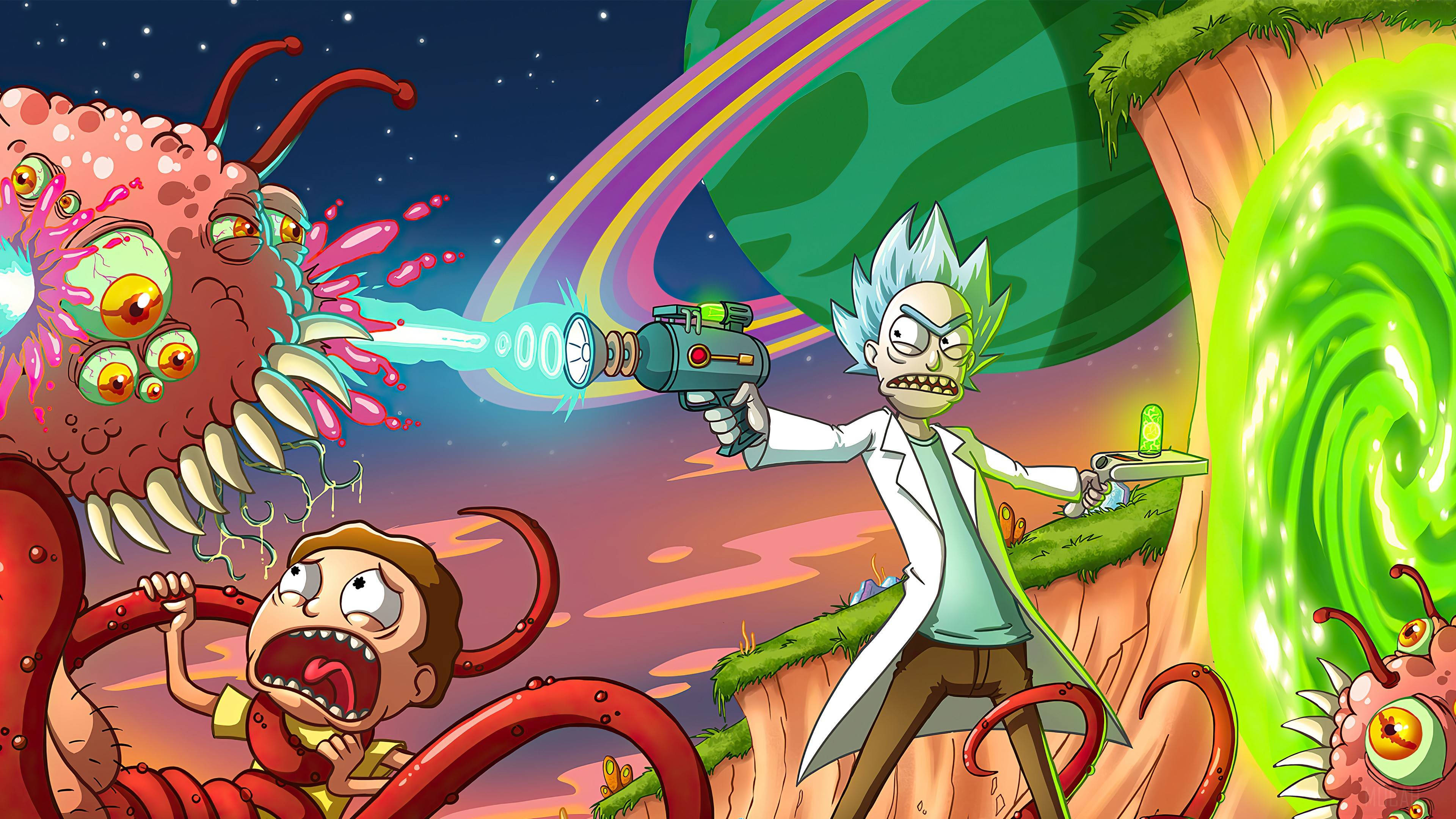 瑞克和莫蒂 桌布 壁紙 — Rick Sanchez 向一隻多眼外星生物發射雷射槍，而 Morty 在超現實的宇宙景觀中驚恐尖叫。