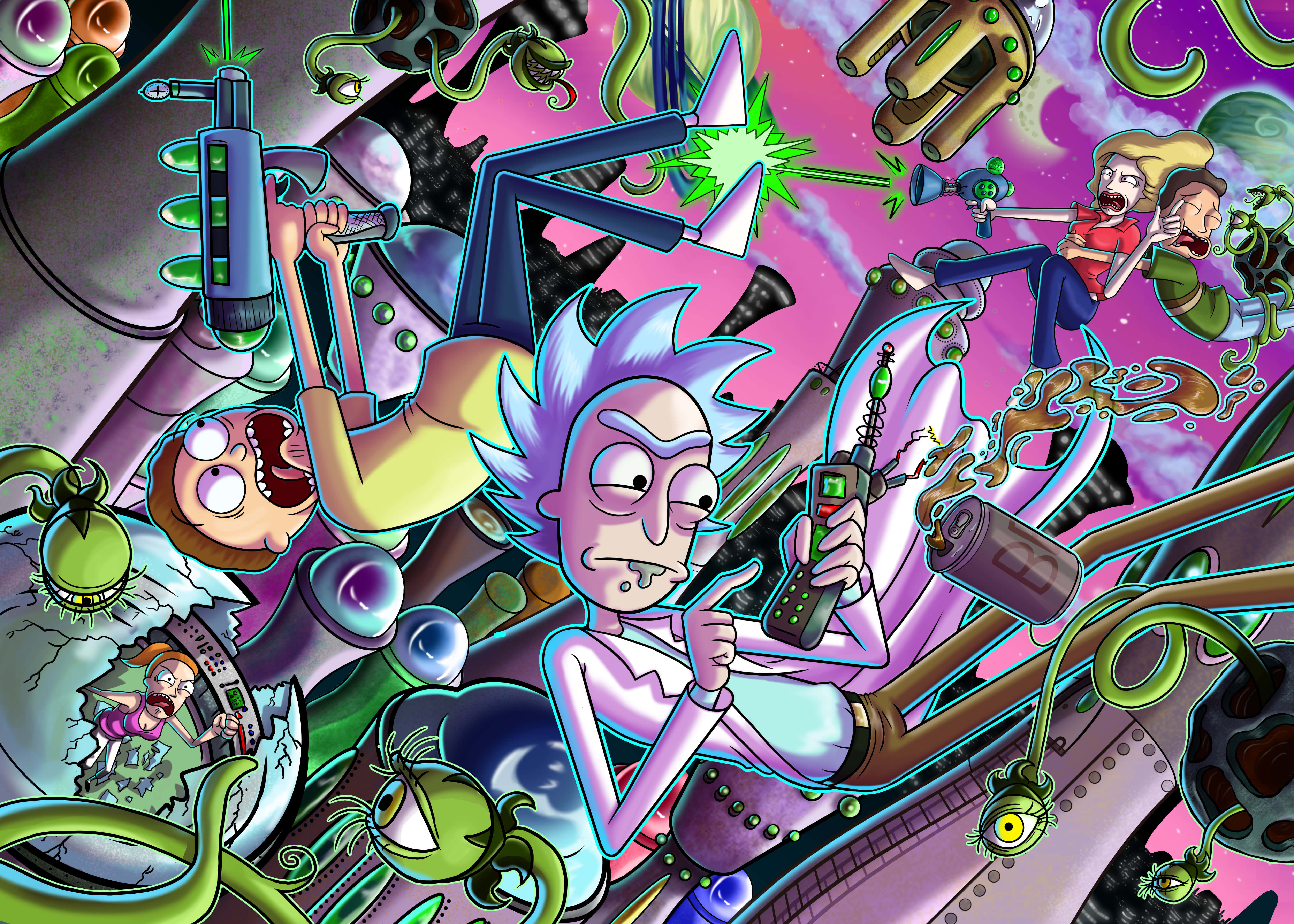 瑞克和莫蒂 桌布 壁紙 — Rick Sanchez 和 Morty Smith 被混亂的外星生物和科幻小工具包圍在充滿活力的紫色和綠色太空場景中。