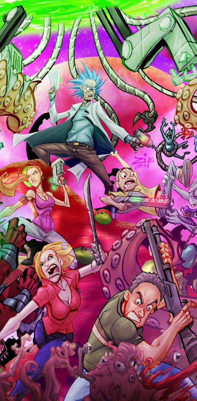 瑞克和莫蒂 桌布 壁紙 — Rick Sanchez 和他的團隊在混亂、充滿霓虹燈的科幻打鬥中與怪誕的外星生物戰鬥。