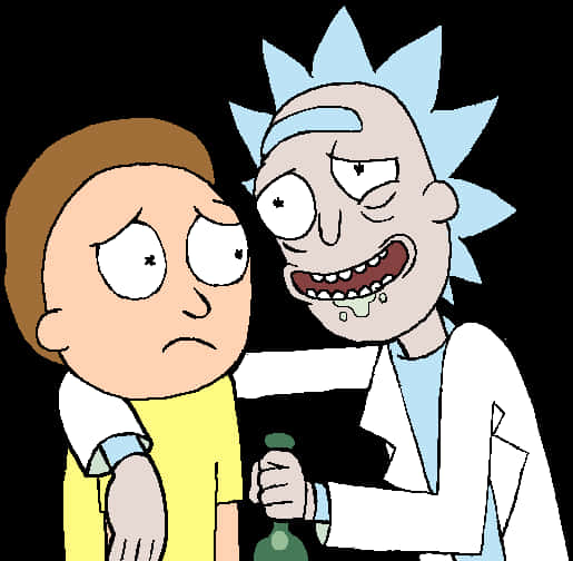 Cartoon 桌布 壁紙 — Rick Sanchez 咧嘴狂笑，手持綠色瓶子靠近驚恐的 Morty Smith，背景為黑色。