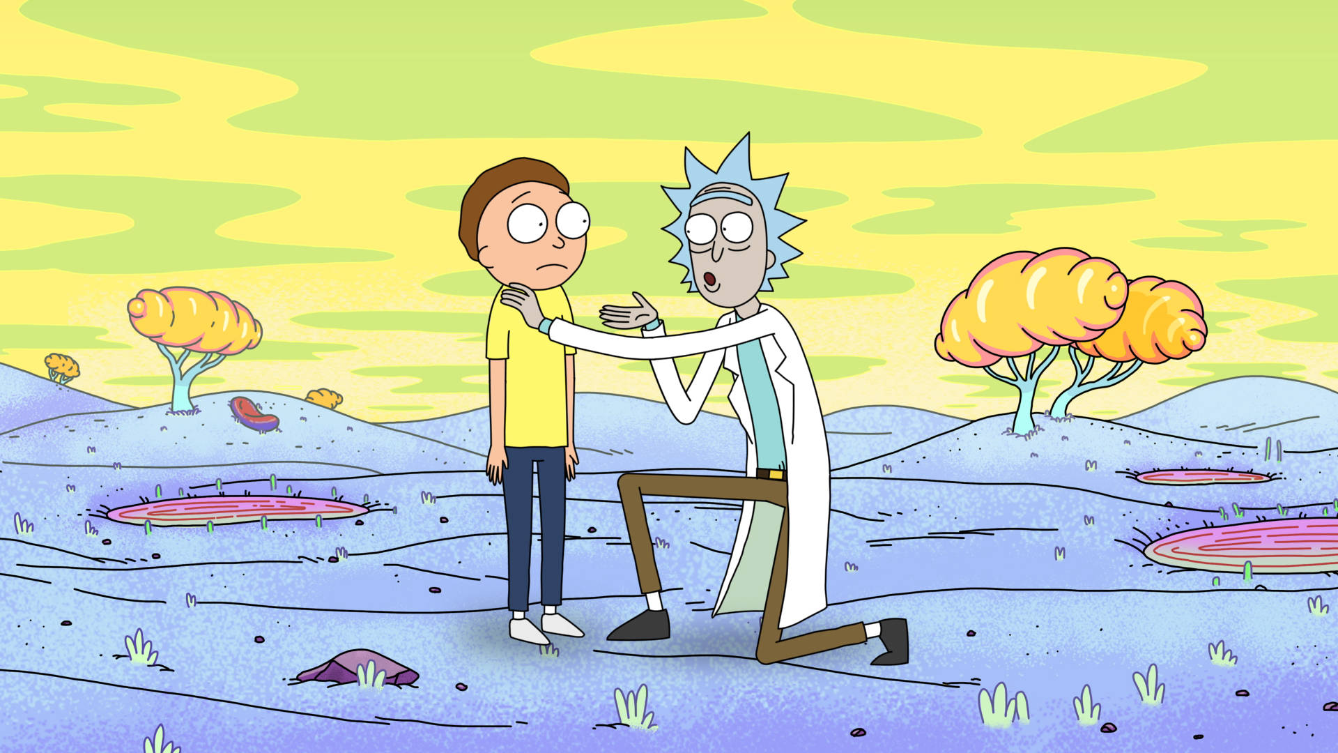 超殺的瑞克和莫蒂 桌布 壁紙 — Rick Sanchez 在 Morty Smith 面前跪下，背景是超現實的外星景觀，有發光的樹木和粉紅色的水池，天空是黃色的。