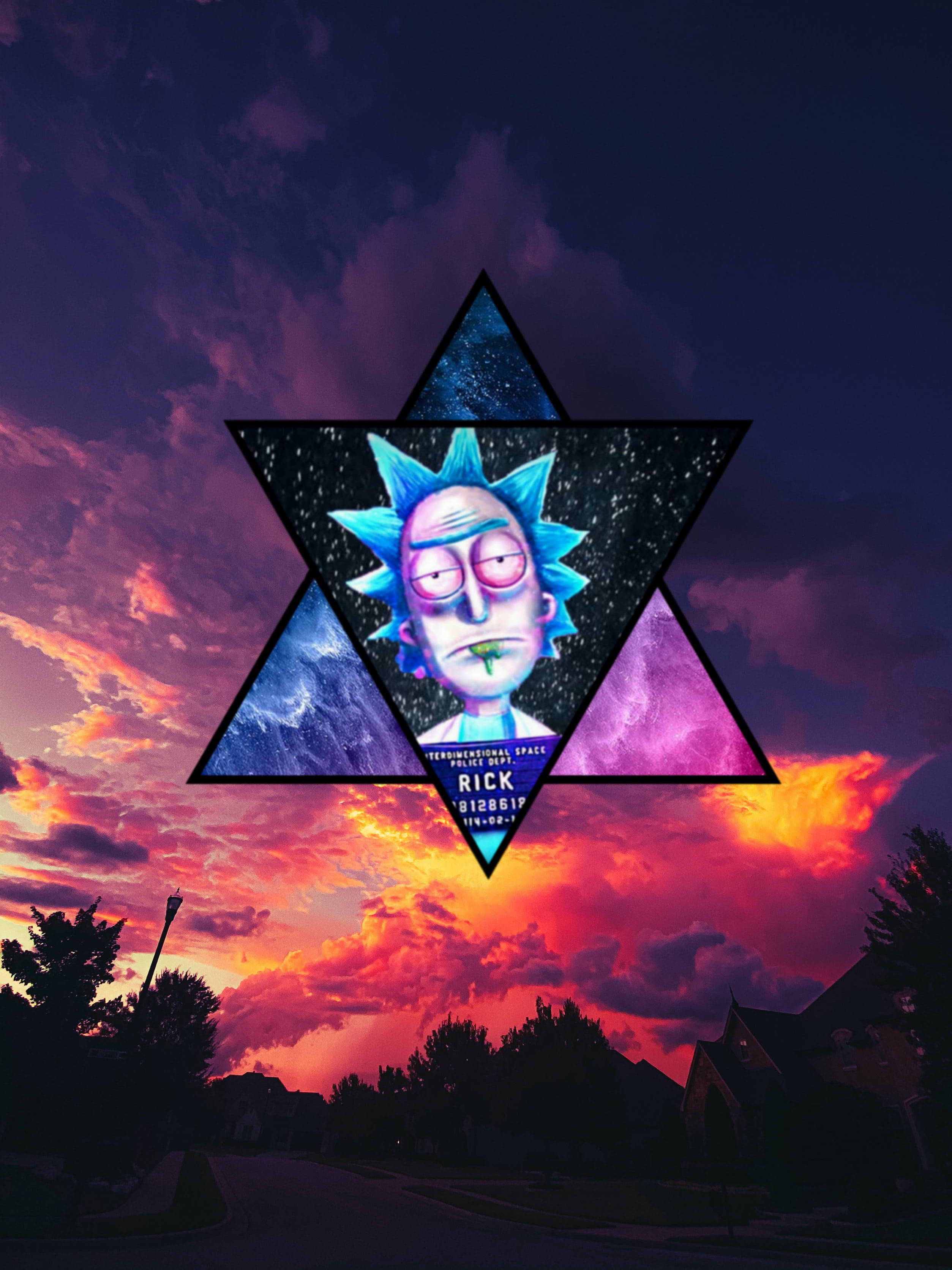 rick 桌布 壁紙 — Rick Sanchez 在一個發光的星星中漂浮，背景是郊區社區上方的鮮豔日落天空。