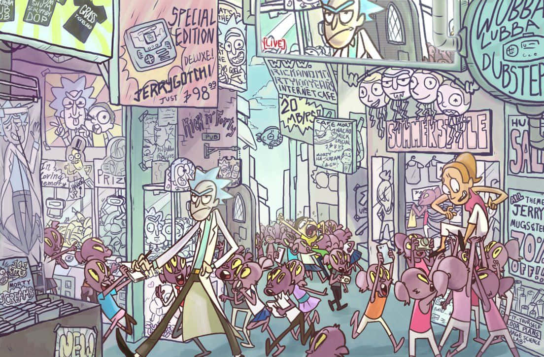 Total Rickall 桌布 壁紙 — Rick Sanchez 在一條充滿粉絲和商品的繁忙卡通街道上走過，場景充滿活力和混亂的動畫感。