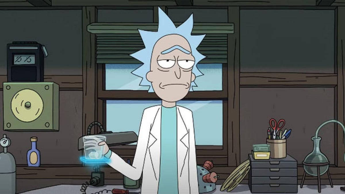 瑞克和莫蒂 桌布 壁紙 — Rick Sanchez 在他凌亂的實驗室裡，拿著一個發光的燒杯，表情很無聊。