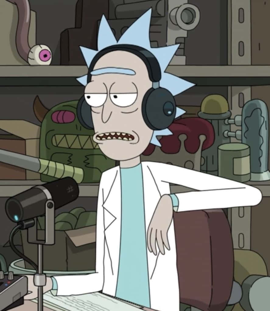The Council Of Ricks 桌布 壁紙 — Rick Sanchez 在他凌亂的實驗室戴著耳機，一臉疲憊。