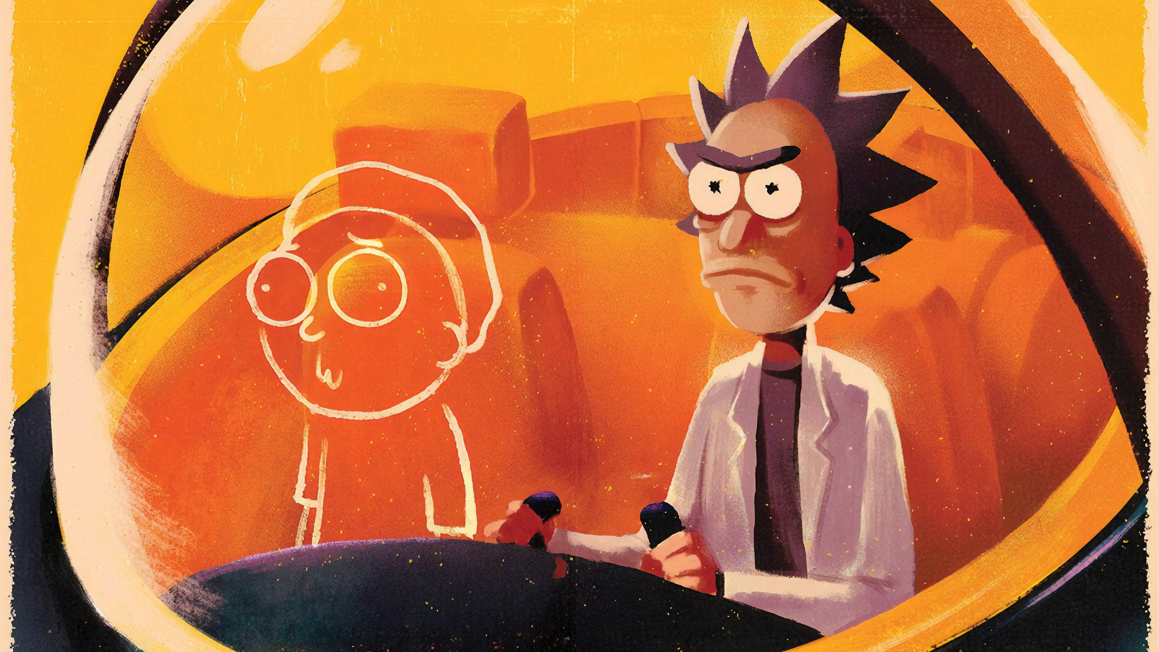瑞克和莫蒂 桌布 壁紙 — Rick Sanchez 在太空船駕駛艙中，內部發出橙色光芒，旁邊有一個草圖風格的 Morty。
