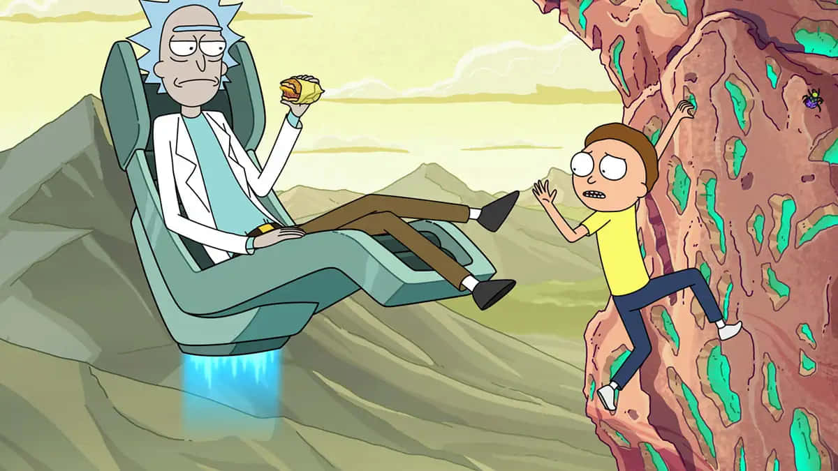 瑞克和莫蒂 桌布 壁紙 — Rick Sanchez 在懸浮椅上吃著三明治，而 Morty 則努力攀爬岩石懸崖。