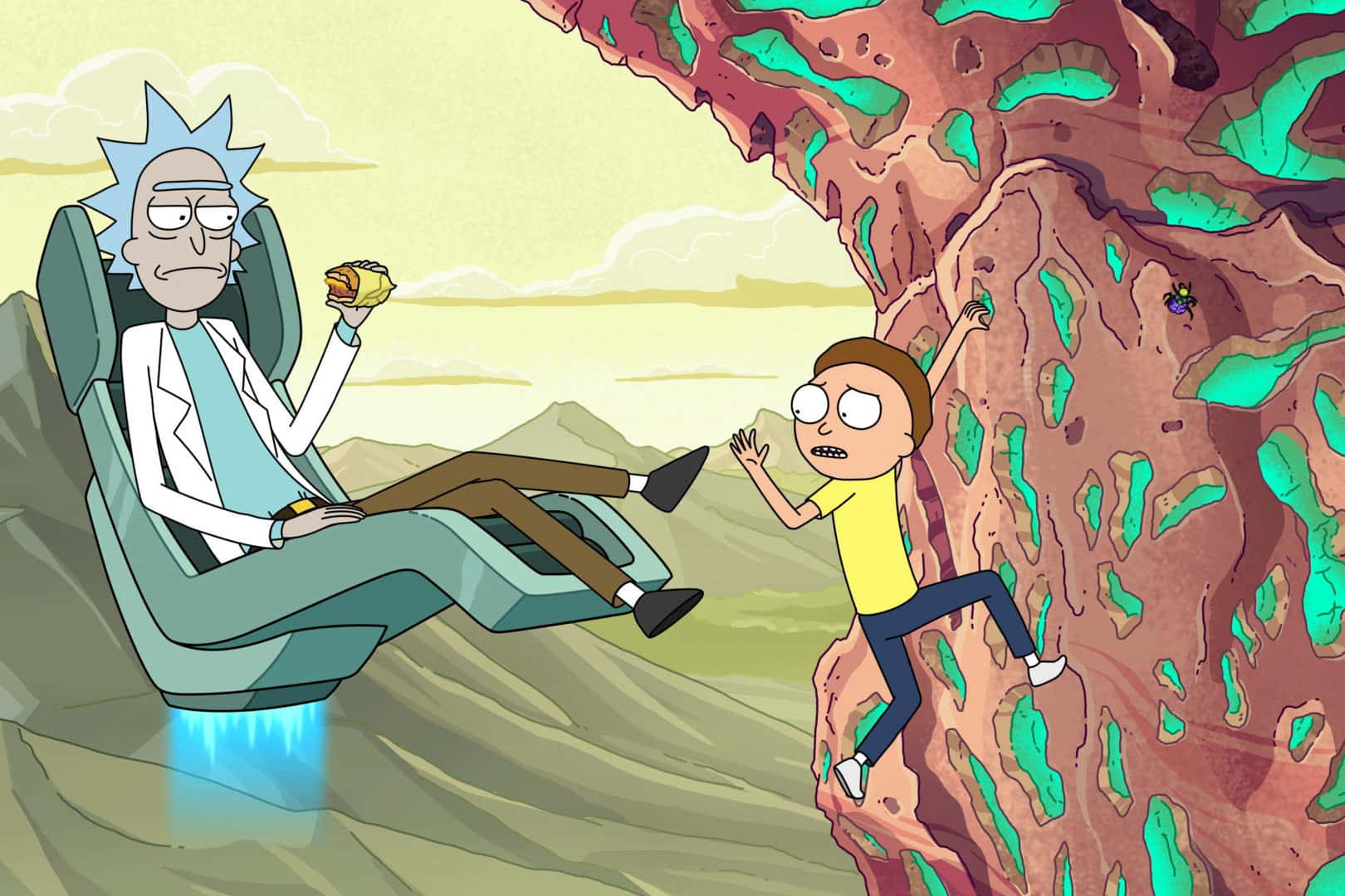 瑞克和莫蒂 桌布 壁紙 — Rick Sanchez 在漂浮椅上吃著墨西哥捲餅，而 Morty Smith 絕望地爬著發光的外星懸崖。