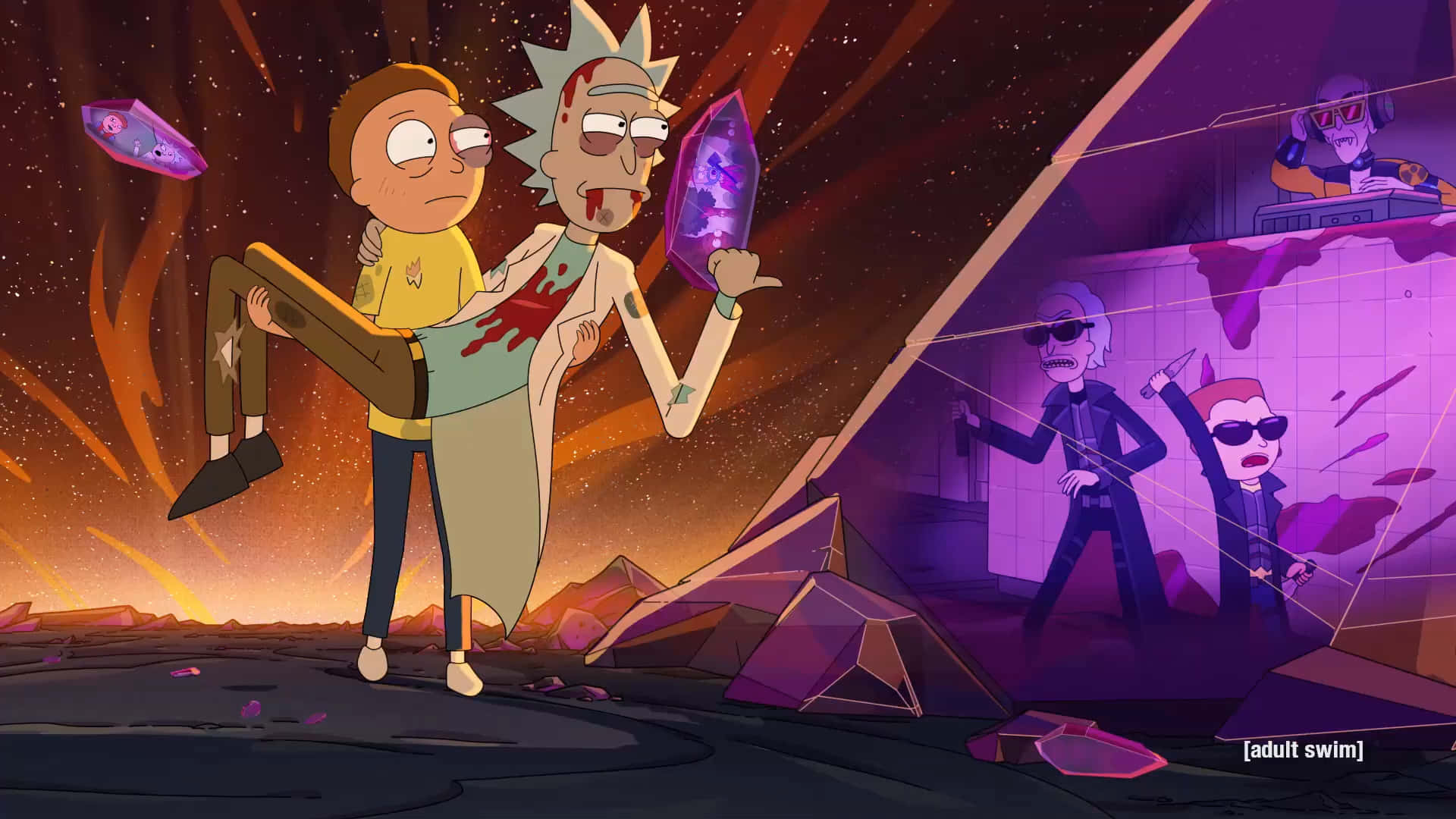 Rick And Morty 1920x1080 桌布 壁紙 — Rick Sanchez 在熾熱的橙紫色天空下，穿過破碎的外星景觀，抱著受傷的 Morty。