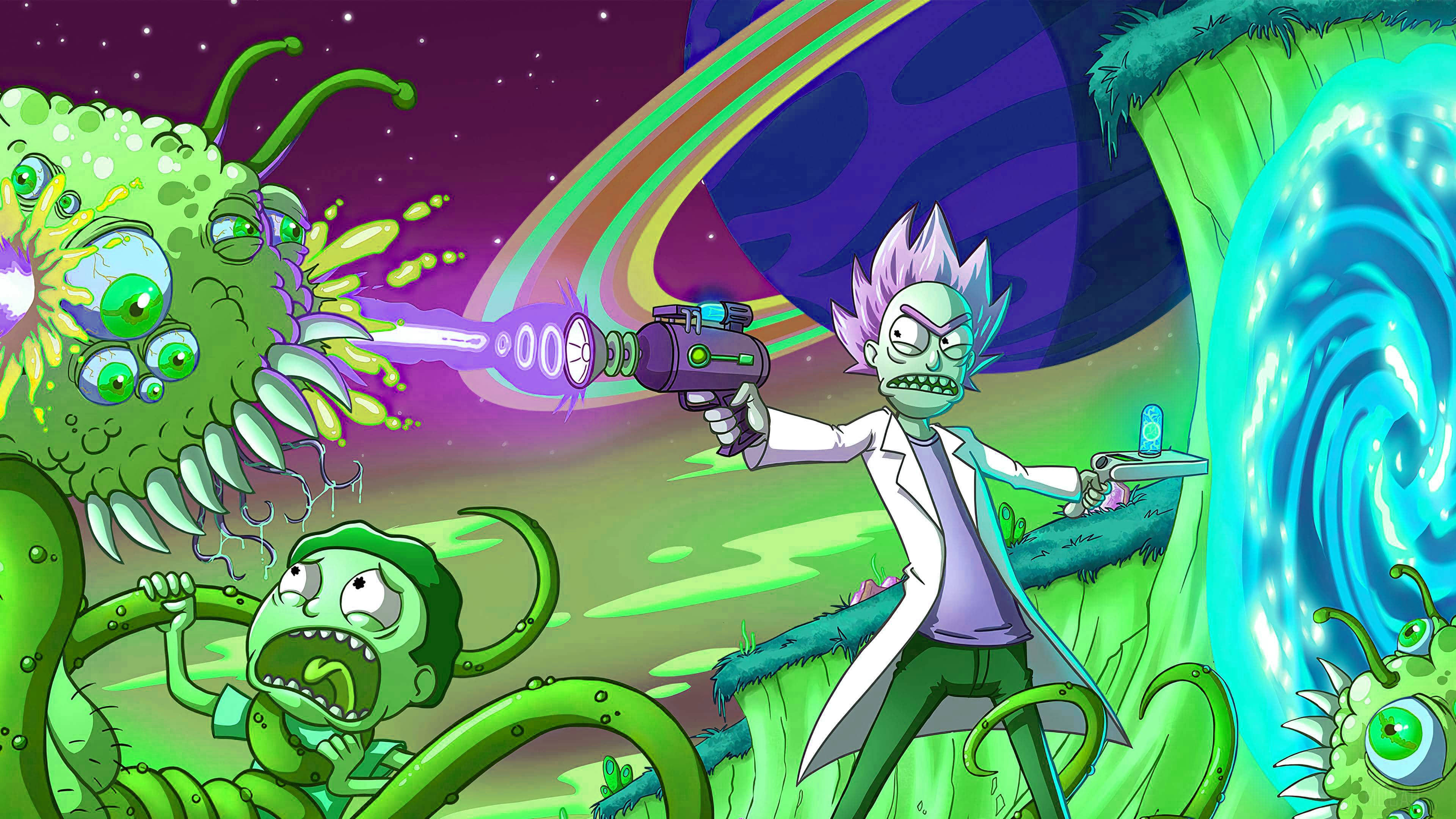桌布 壁紙 — Rick Sanchez 在超現實的宇宙景觀中站在旋轉傳送門旁邊，向一隻多眼綠色外星人發射雷射槍。