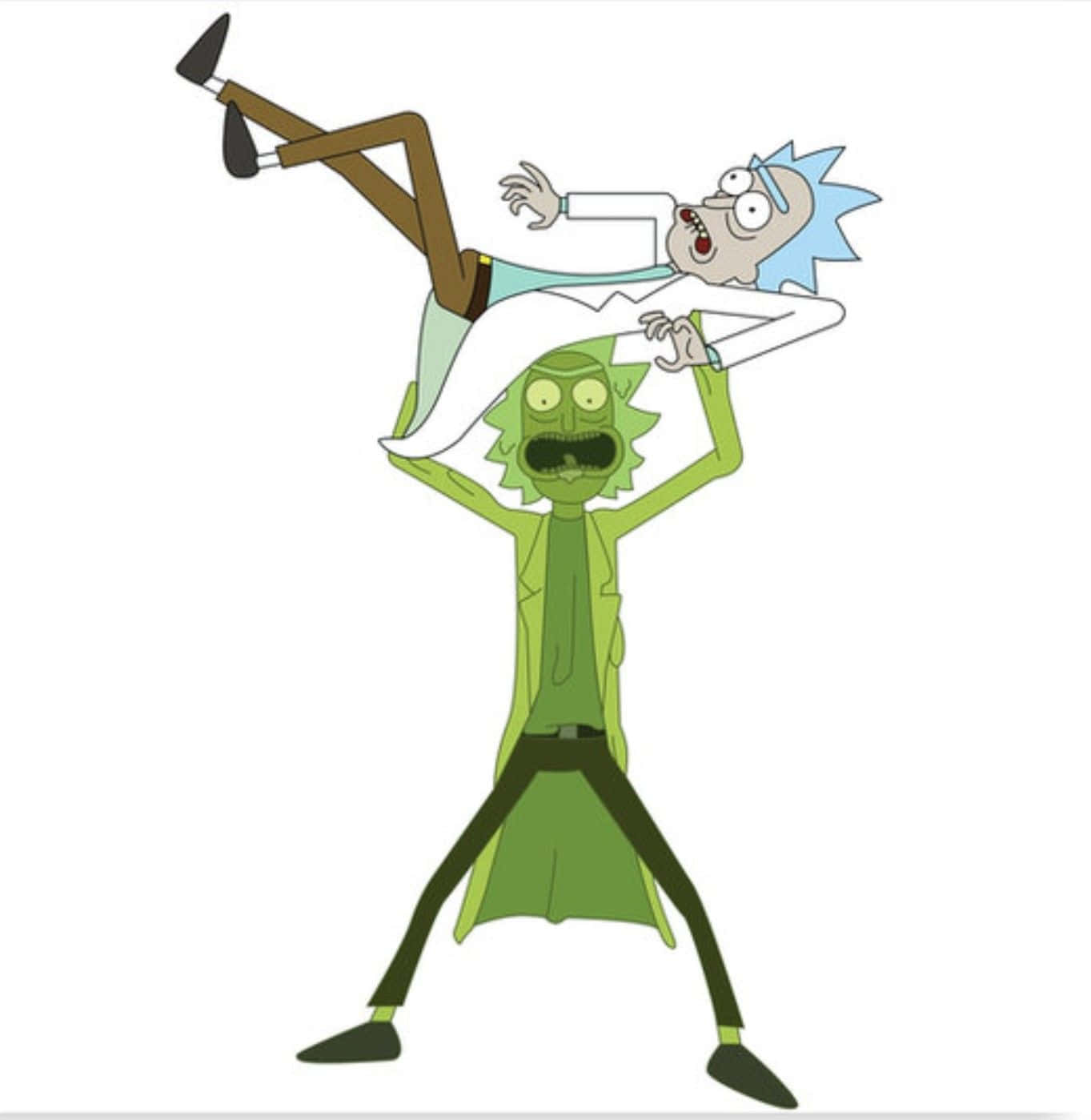 The Council Of Ricks 桌布 壁紙 — Rick Sanchez 將 Morty Smith 倒吊，在純白背景上擺出動態卡通姿勢。