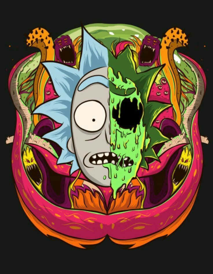 Squanchy 桌布 壁紙 — Rick Sanchez 從中間分裂，一側正常，另一側融化為綠色黏液，周圍環繞著尖叫的怪物。