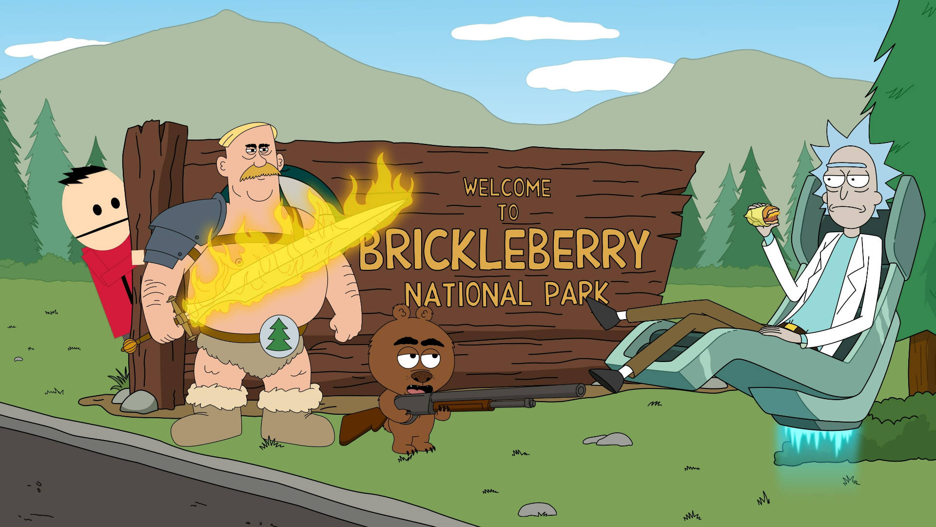 Cartoon 桌布 壁紙 — Rick Sanchez 懶洋洋地坐在椅子上，而一個肌肉發達的戰士在 Brickleberry 國家公園標誌處揮舞著一把火焰劍。