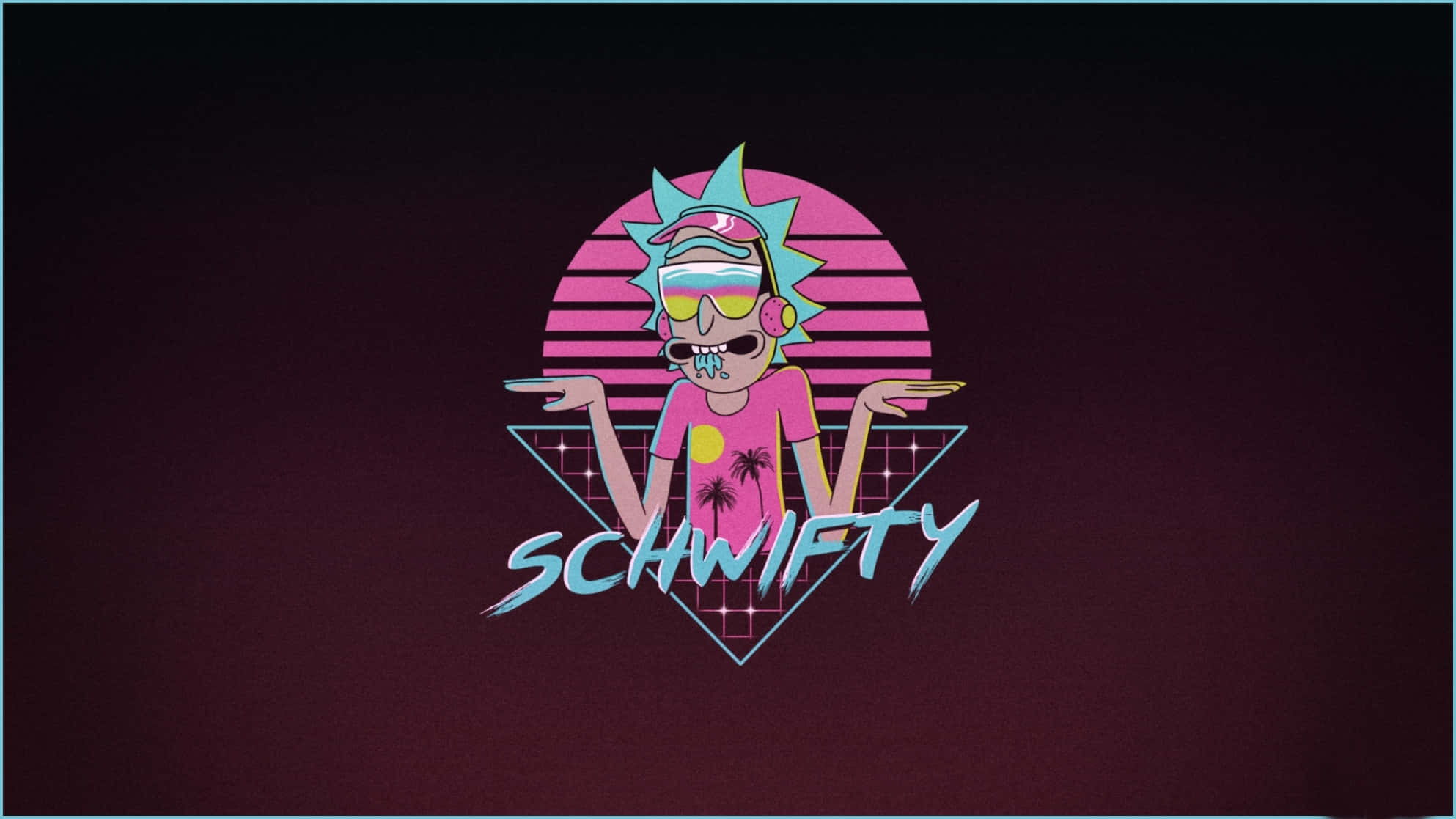 Cool Cartoon 桌布 壁紙 — Rick Sanchez 戴上復古太陽眼鏡和粉紅色襯衫，在粉紅色日落背景下自信擺姿勢，帶有霓虹藍色 'SCHWIFTY' 文字。