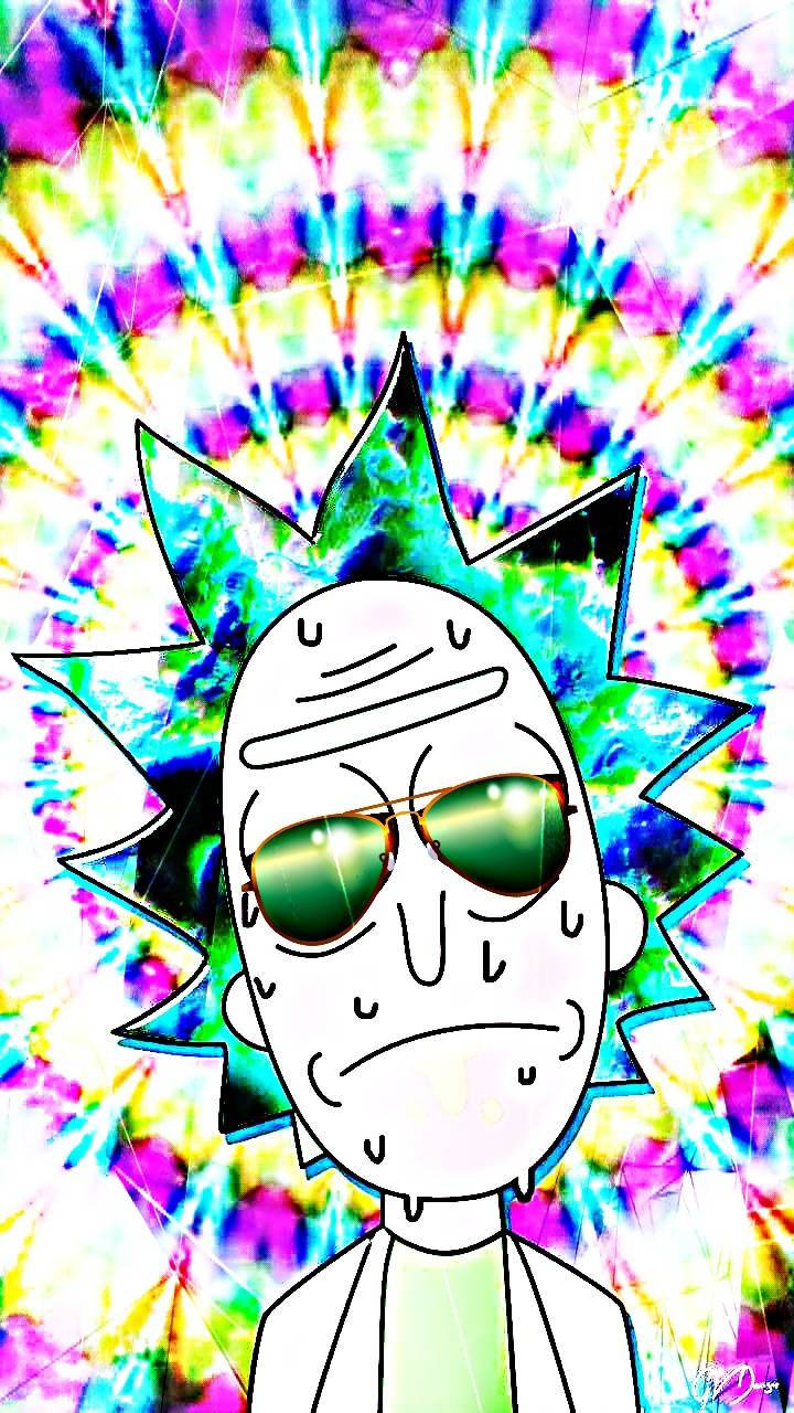Trippy Aesthetic 桌布 壁紙 — Rick Sanchez 戴著太陽眼鏡，背景是迷幻紮染風格，帶有鮮豔的霓虹色彩。